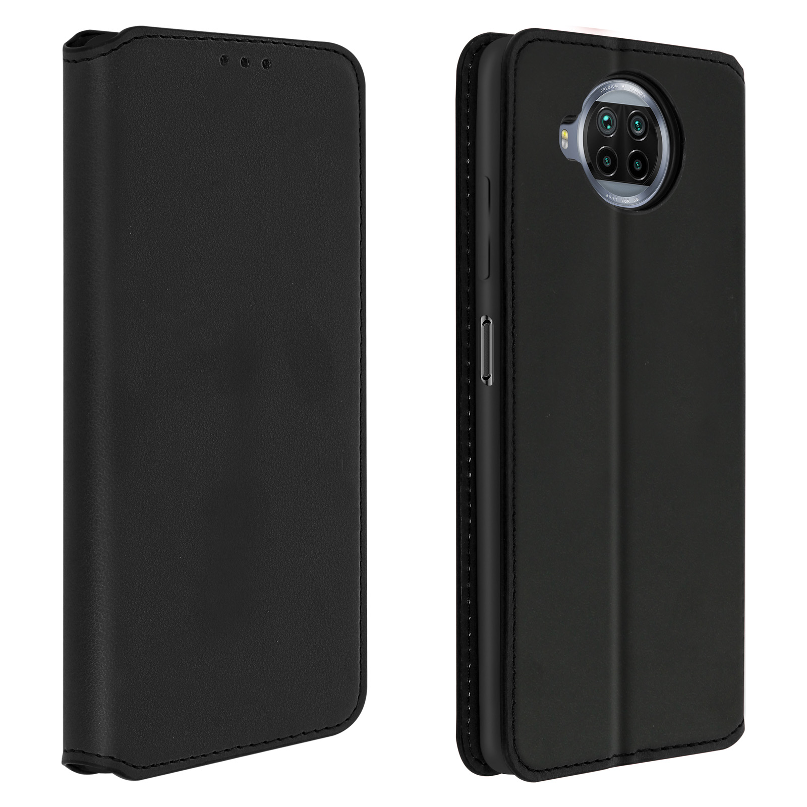 Custodia per telefono nera, aperta a destra. Chiusura magnetica. Il telefono ha più fotocamere.
