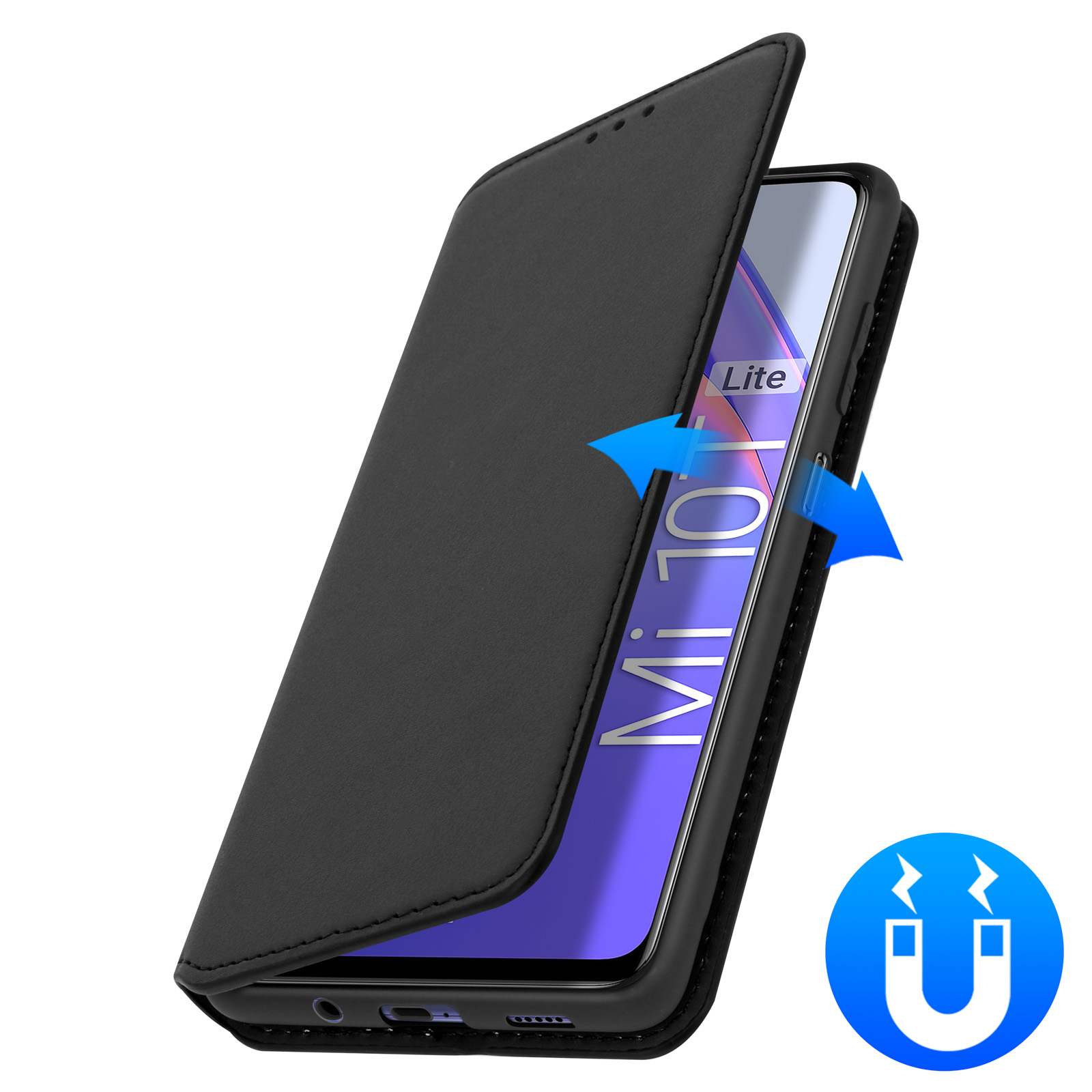 Custodia nera per telefono con coperchio aperto. Telefono visibile all'interno. Frecce blu e simbolo del magnete.