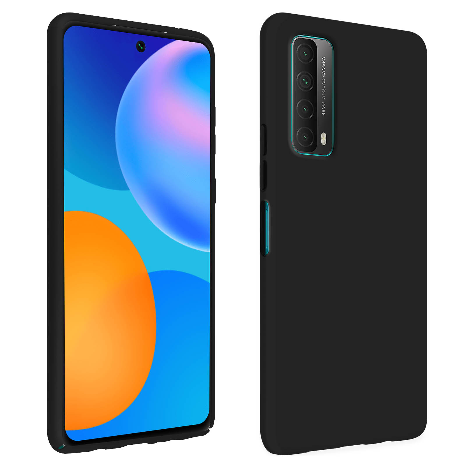 Zwarte telefoonhoes met scherm. Het scherm toont een blauw-oranje verloop. De hoes is rechts.
