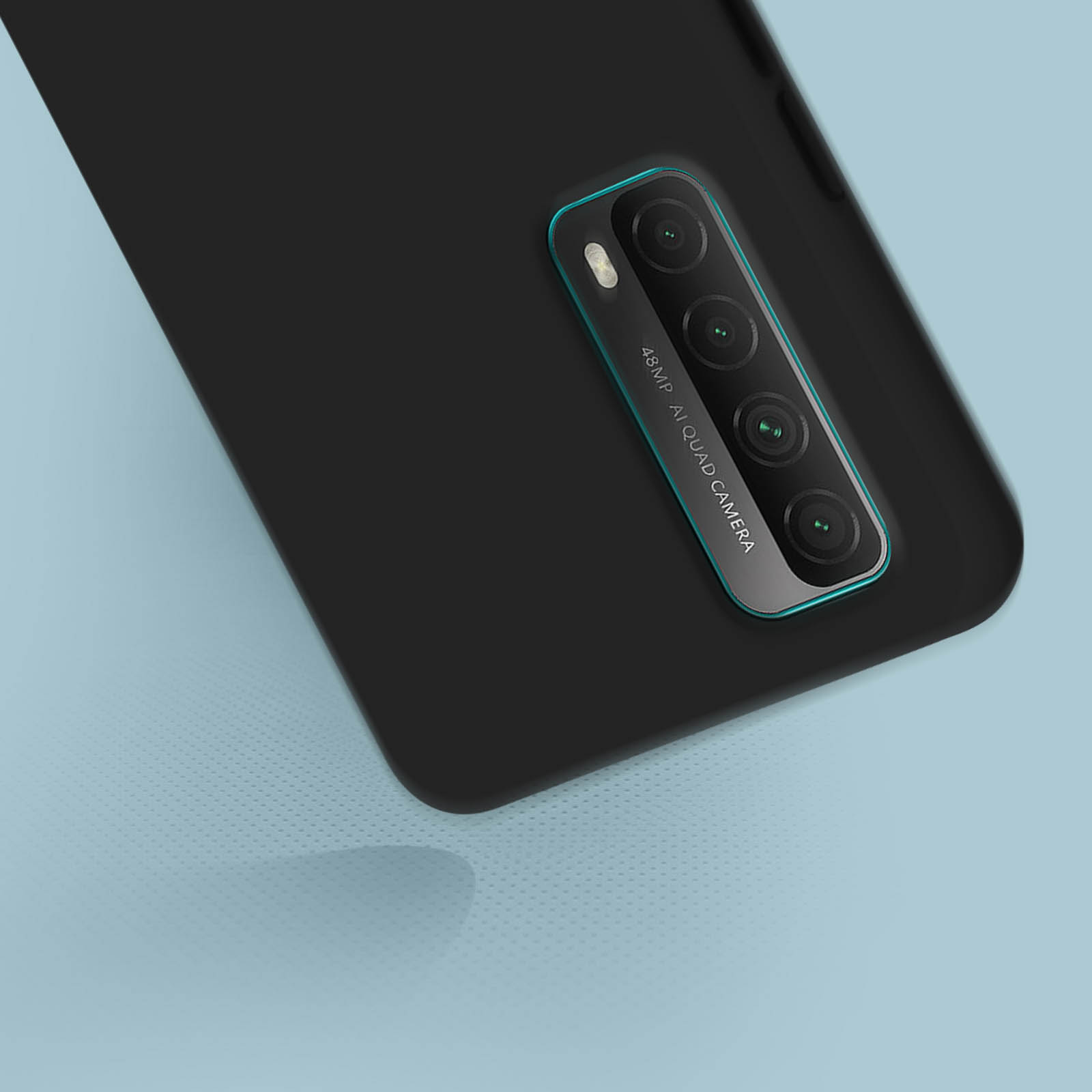 Een zwart telefoonhoesje met een telefoon erin. De telefoon heeft een camera.