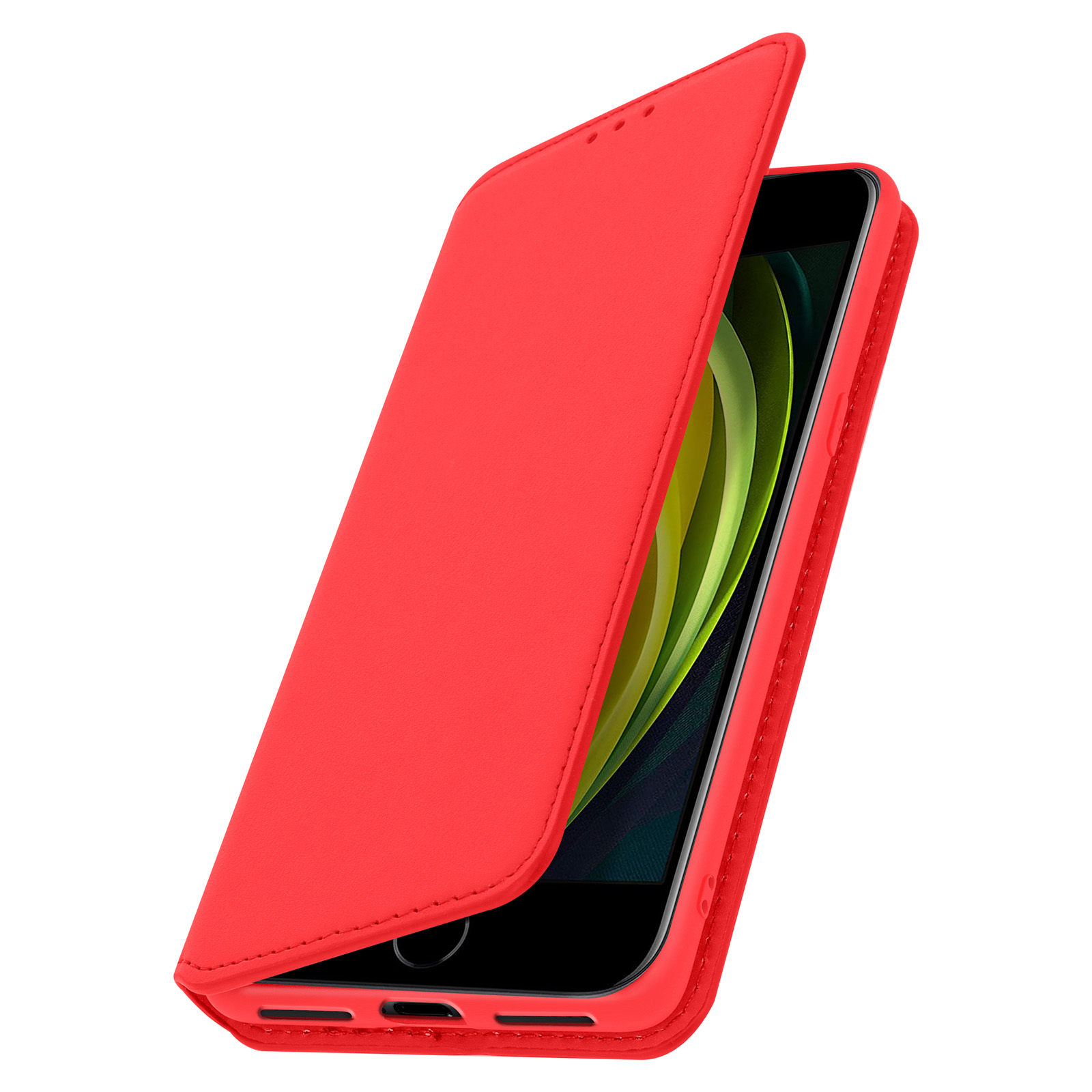 Un étui de téléphone rouge, ouvert, avec un téléphone noir à l'intérieur. L'étui est sur une surface en bois.