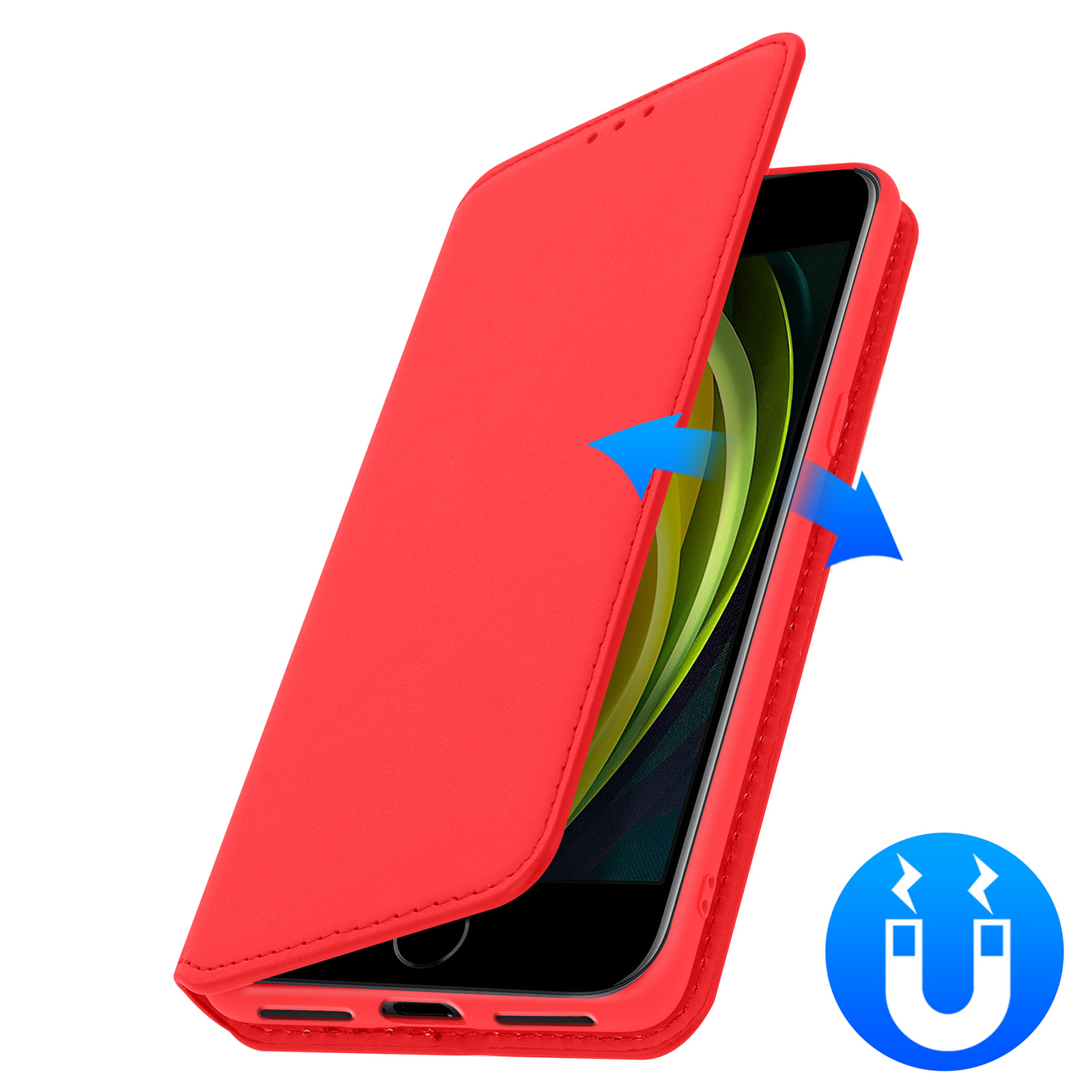 Coque de téléphone rouge s'ouvrant, avec des flèches indiquant la fermeture magnétique. Une icône d'aimant est affichée.