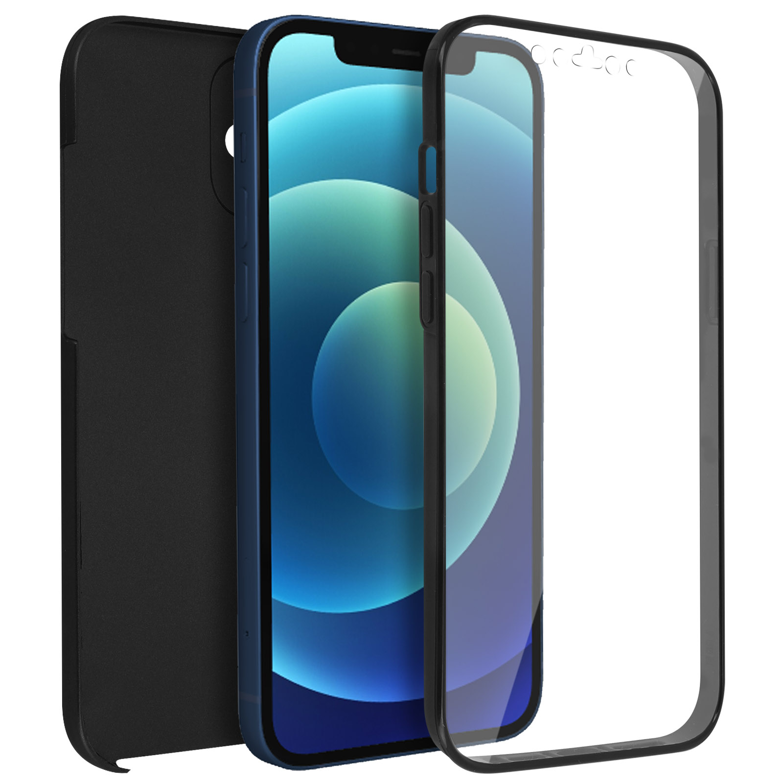 Telefoonhoes met schermbeschermer. Zwarte hoes links, telefoon in het midden, doorzichtige cover rechts.