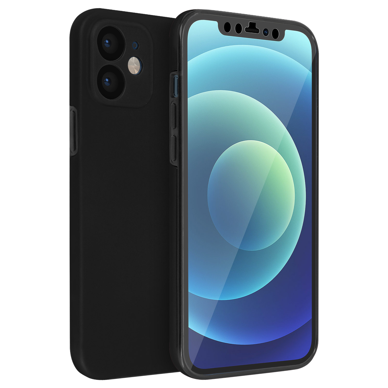 Zwarte telefoonhoes, zijaanzicht, met een telefoon erin. Witte achtergrond.