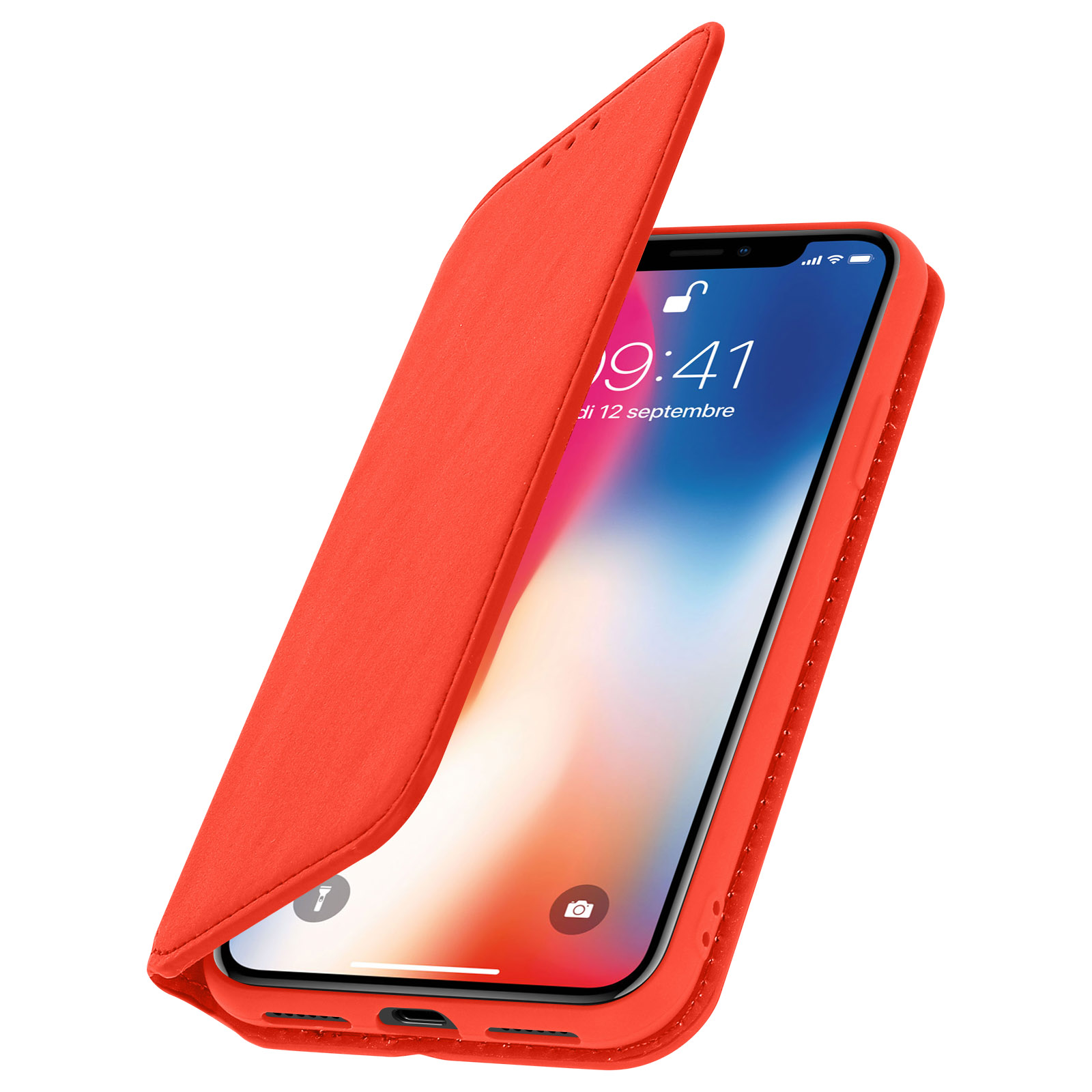 Una custodia per telefono rossa, aperta, che mostra lo schermo del telefono. La custodia è rossa e lo schermo è acceso.