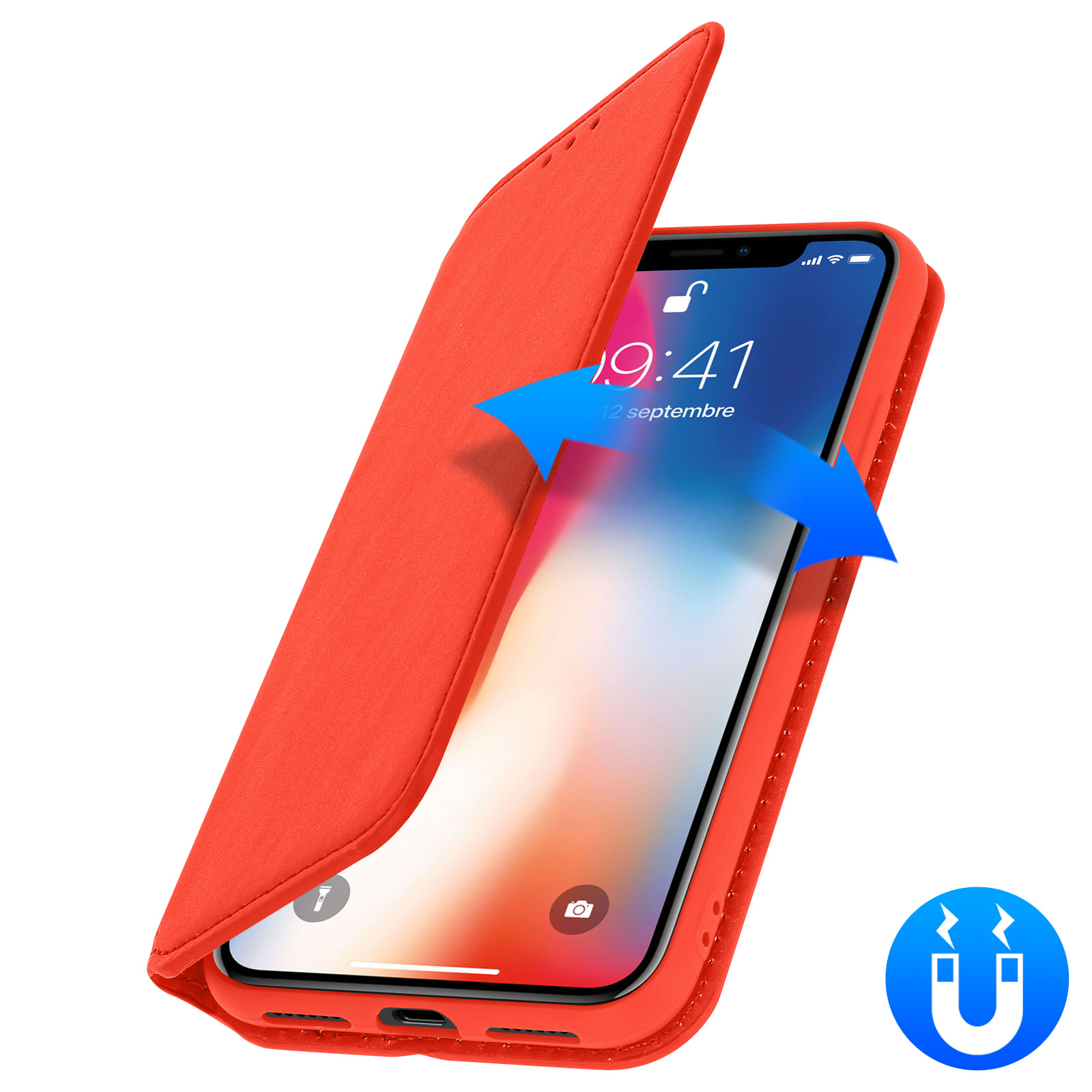 Custodia rossa con patta aperta, mostra schermo del telefono. Freccia blu verso telefono.