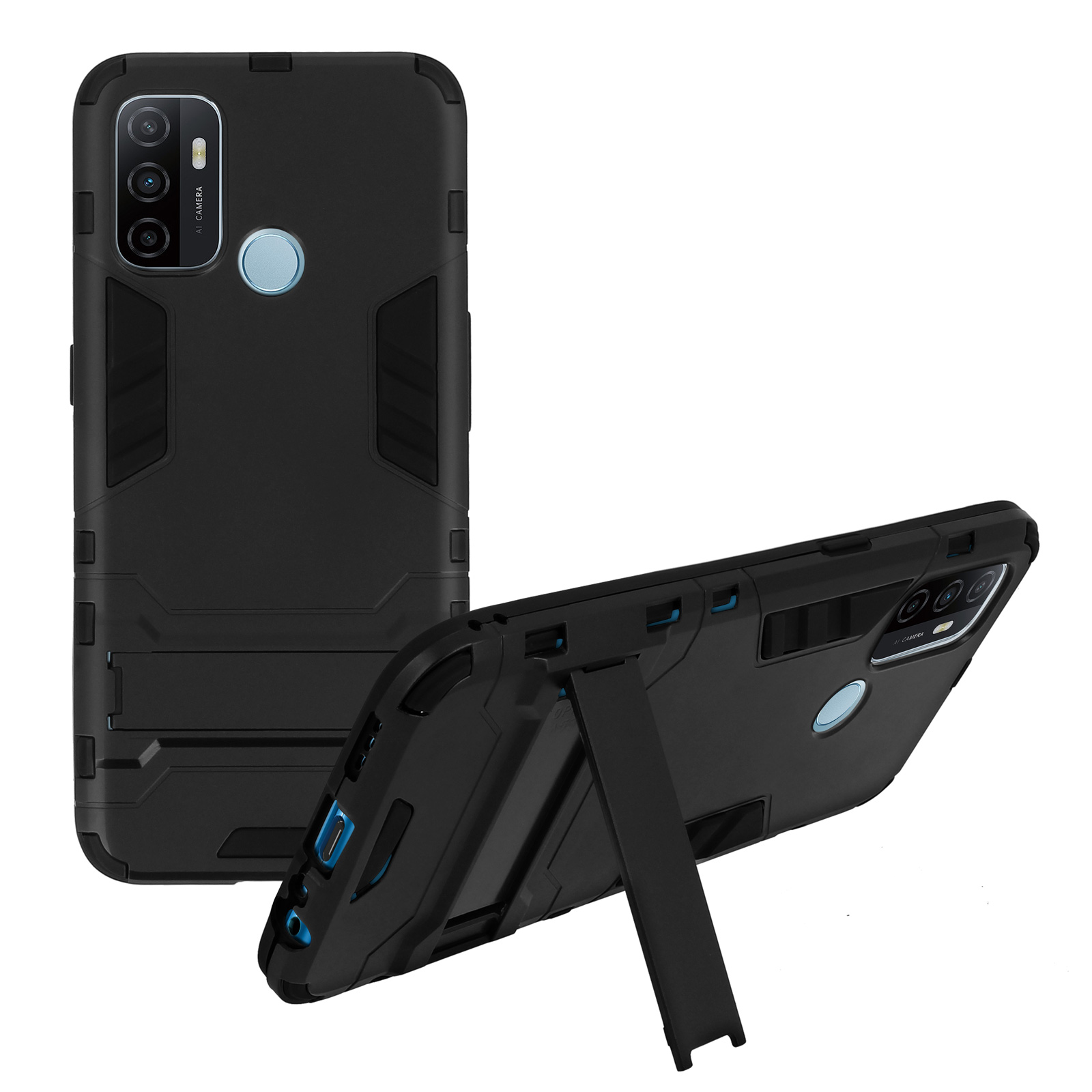 Una custodia per telefono nera con un cavalletto. Ci sono due viste della custodia.