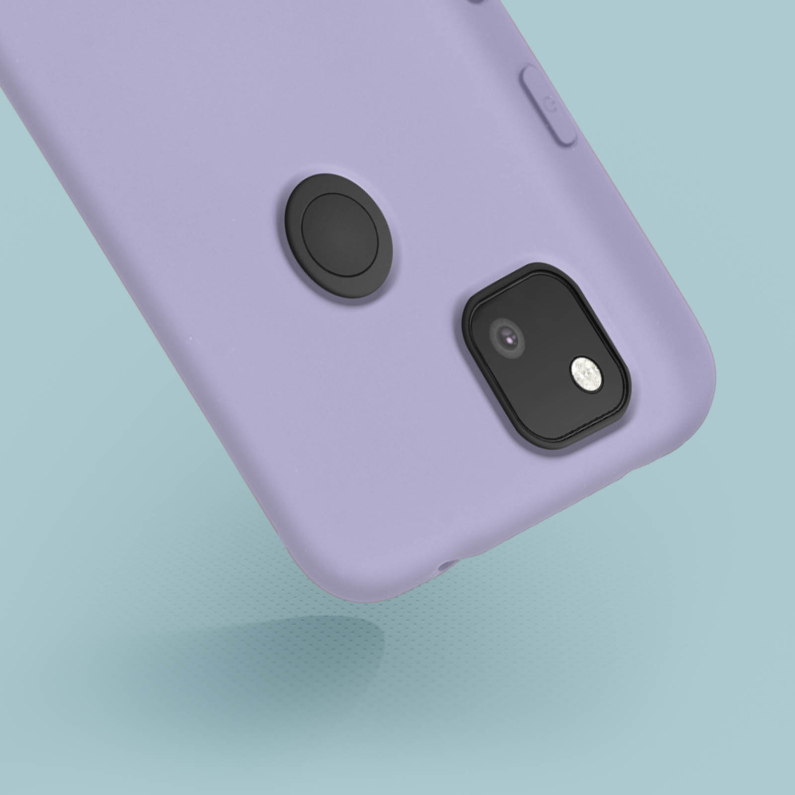 Primo piano di una custodia viola, mostra fotocamera e pulsanti. Sfondo azzurro.