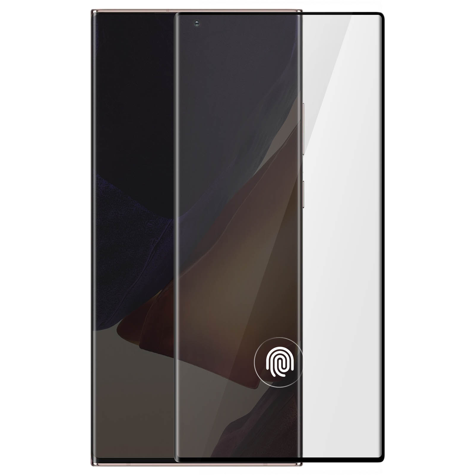 Uno smartphone con protezione schermo. Schermo scuro con icona impronta digitale e schermo trasparente a destra.