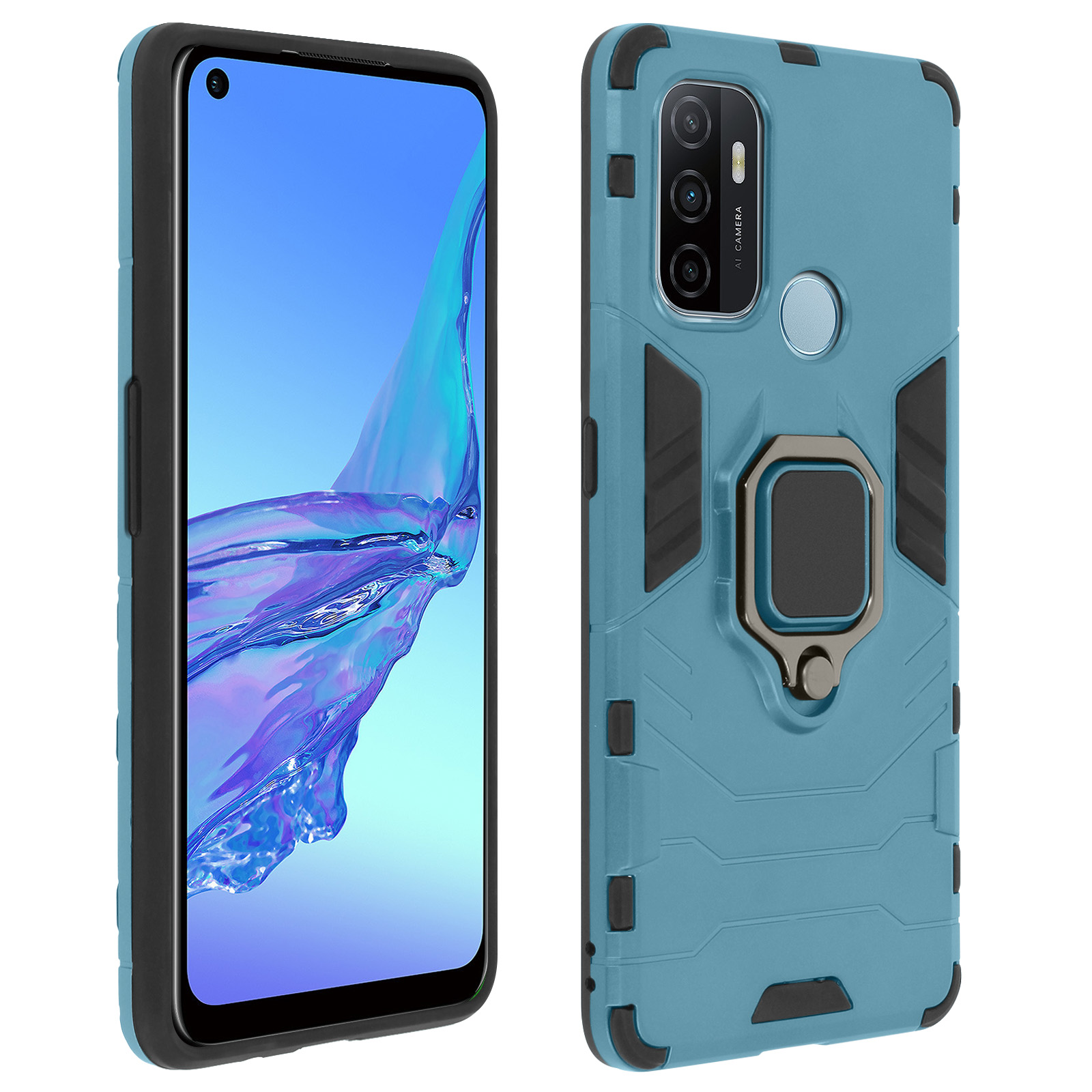Custodia blu, che mostra il telefono. Dettagli neri e grigi, supporto ad anello sul retro.