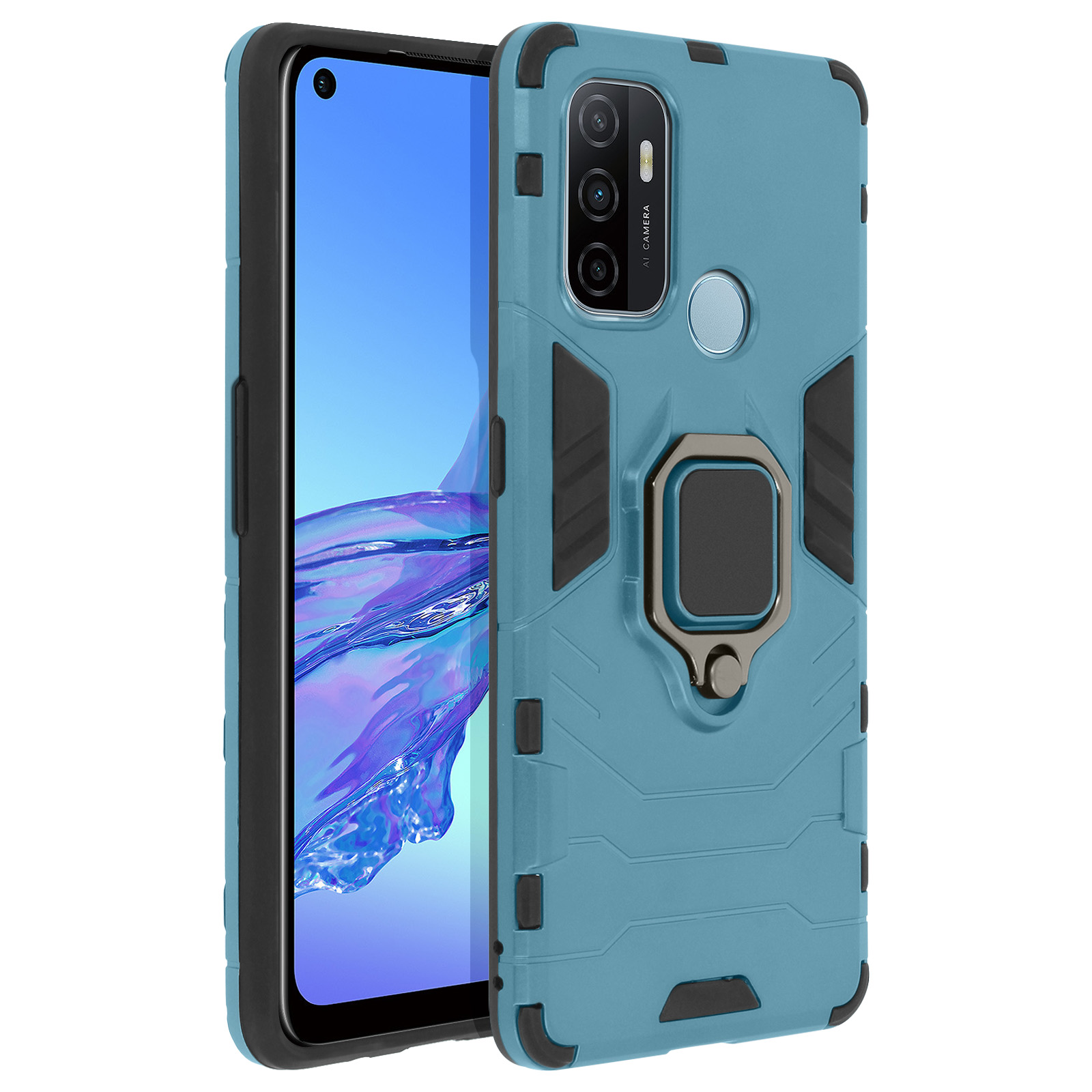 Custodia per telefono blu e nera con telefono. La custodia ha un supporto ad anello.