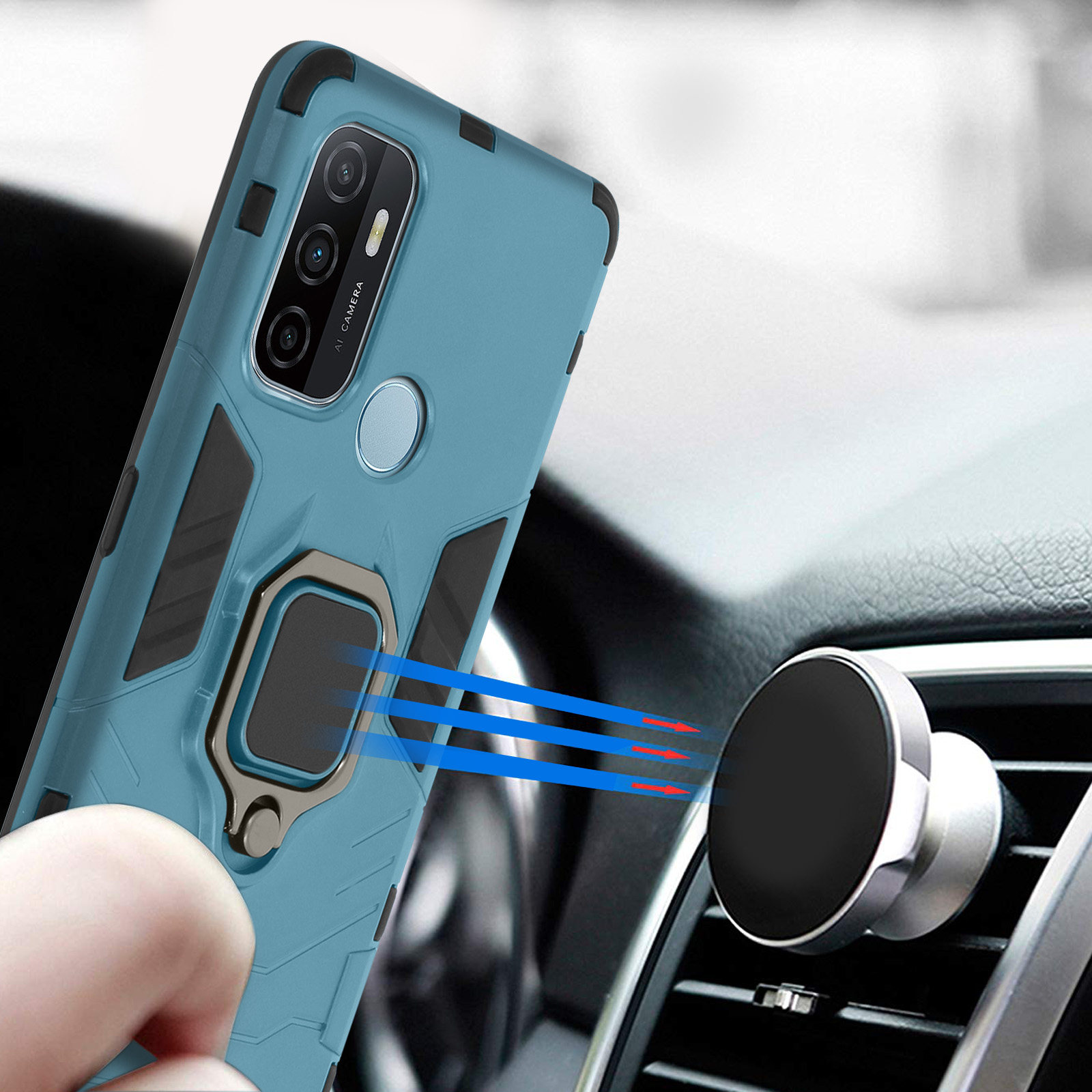 Una custodia blu per telefono con un porta anello è attaccata a una bocchetta dell'auto. I magneti sono visibili.
