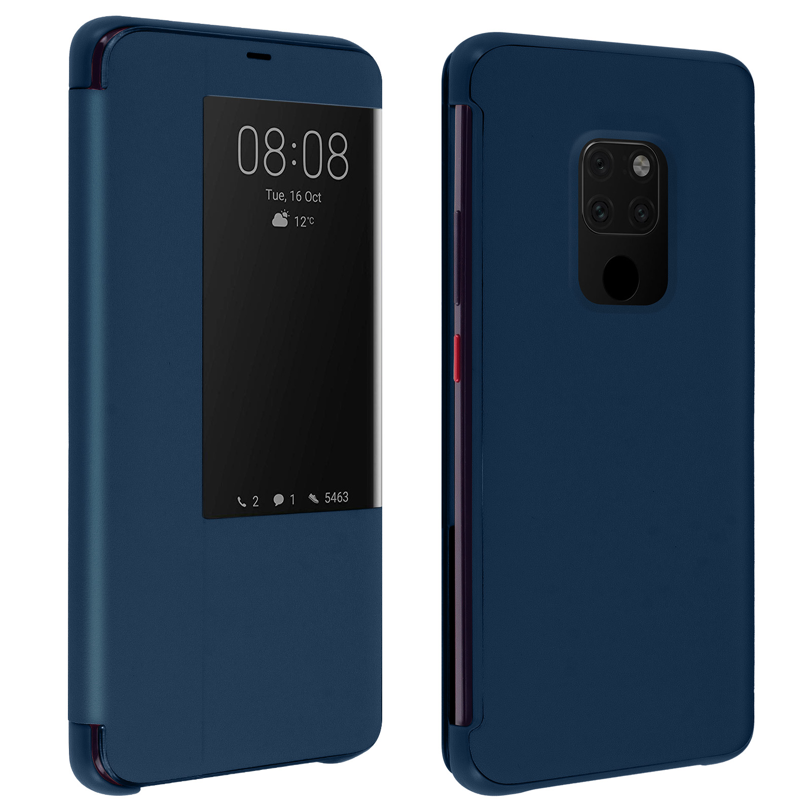 Custodia blu per telefono, aperta, che mostra l'ora e la data.