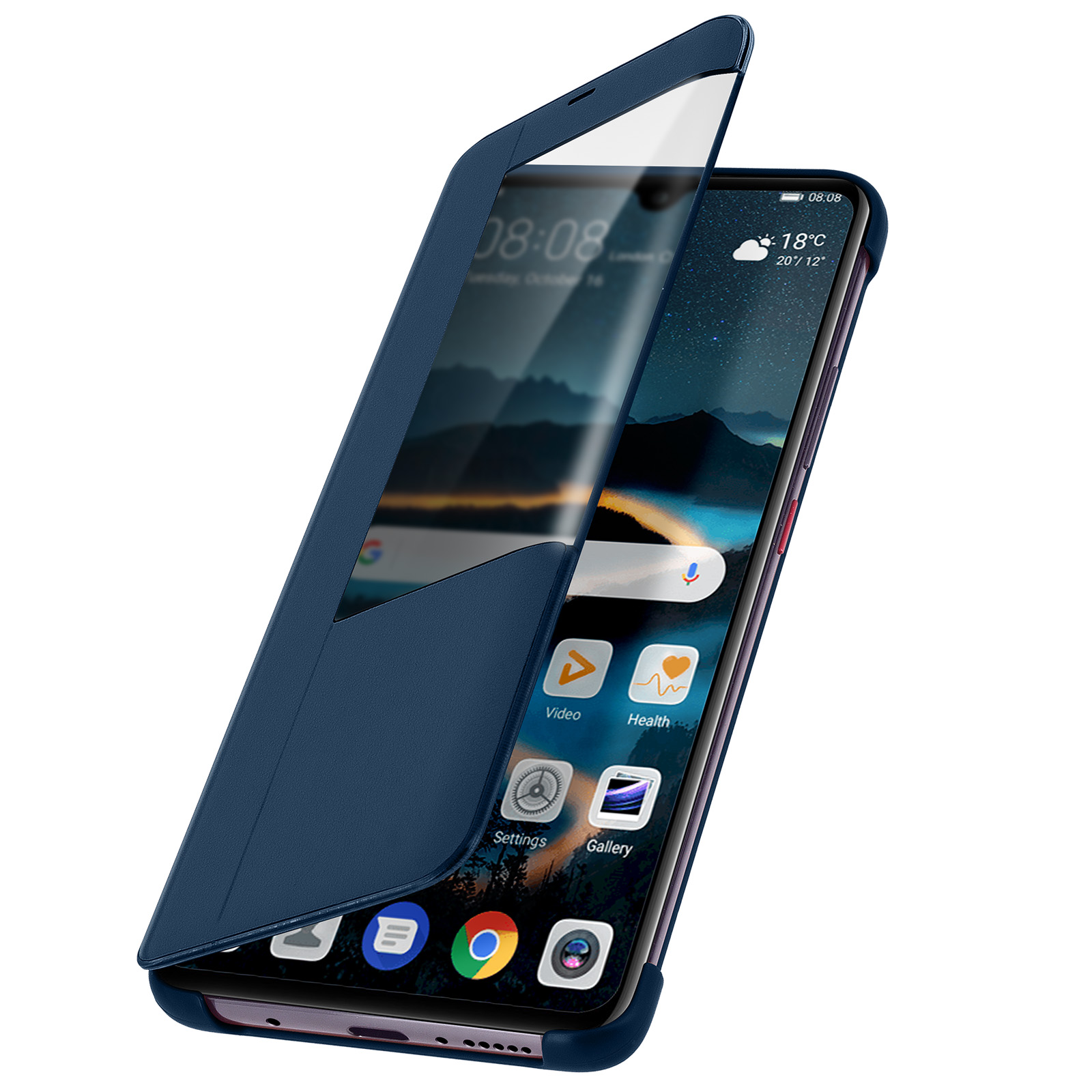 Custodia blu aperta, mostra lo schermo del telefono. Schermo con icone delle app.