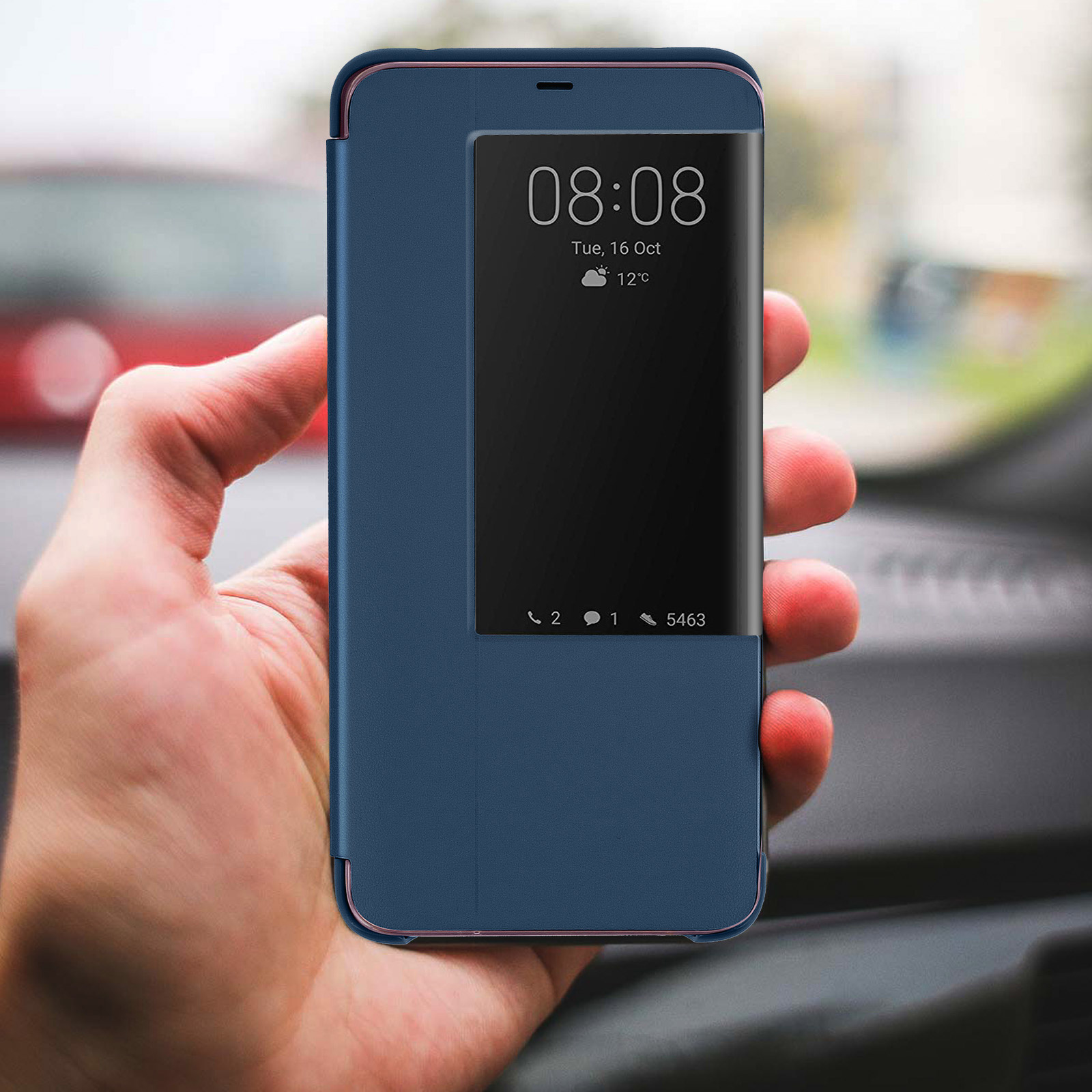 Custodia per telefono blu scuro con schermo. Lo schermo mostra l'ora e la data e un'icona del tempo.