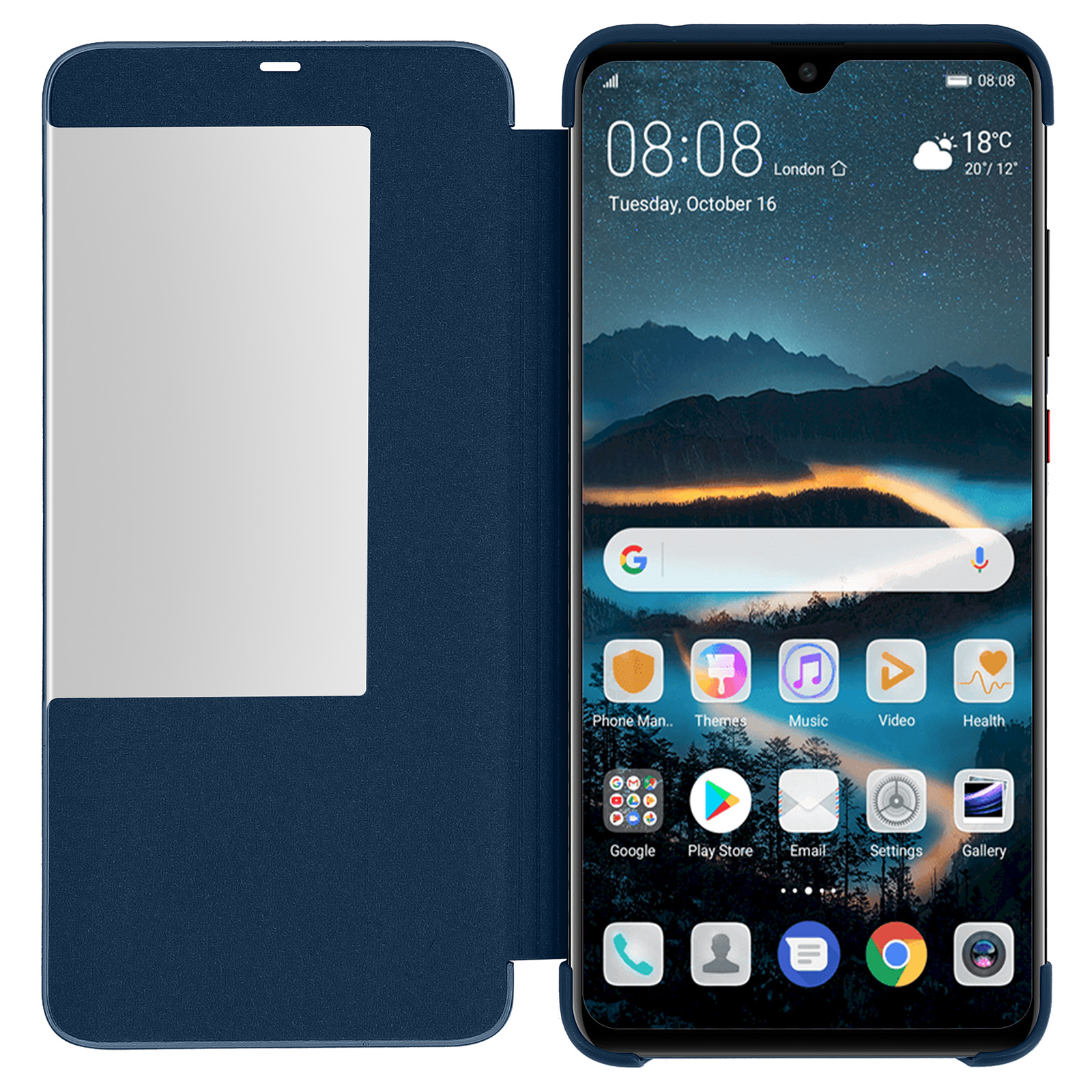 Custodia per telefono blu, aperta, che mostra uno smartphone con l'ora e le app visualizzate.