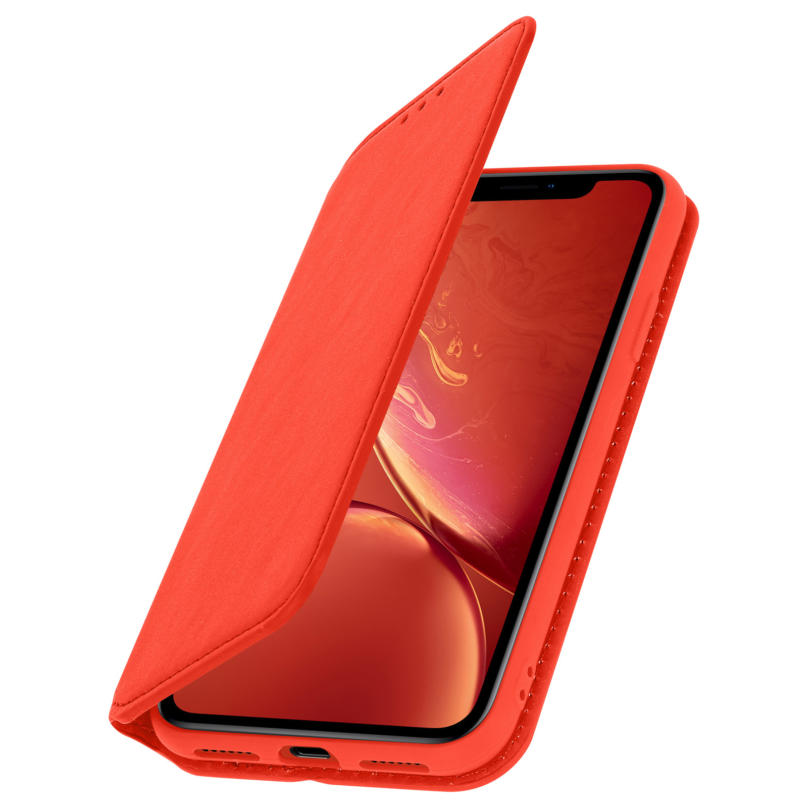 Coque de téléphone rouge ouverte. Le téléphone est également rouge. Coque iPhone rouge.
