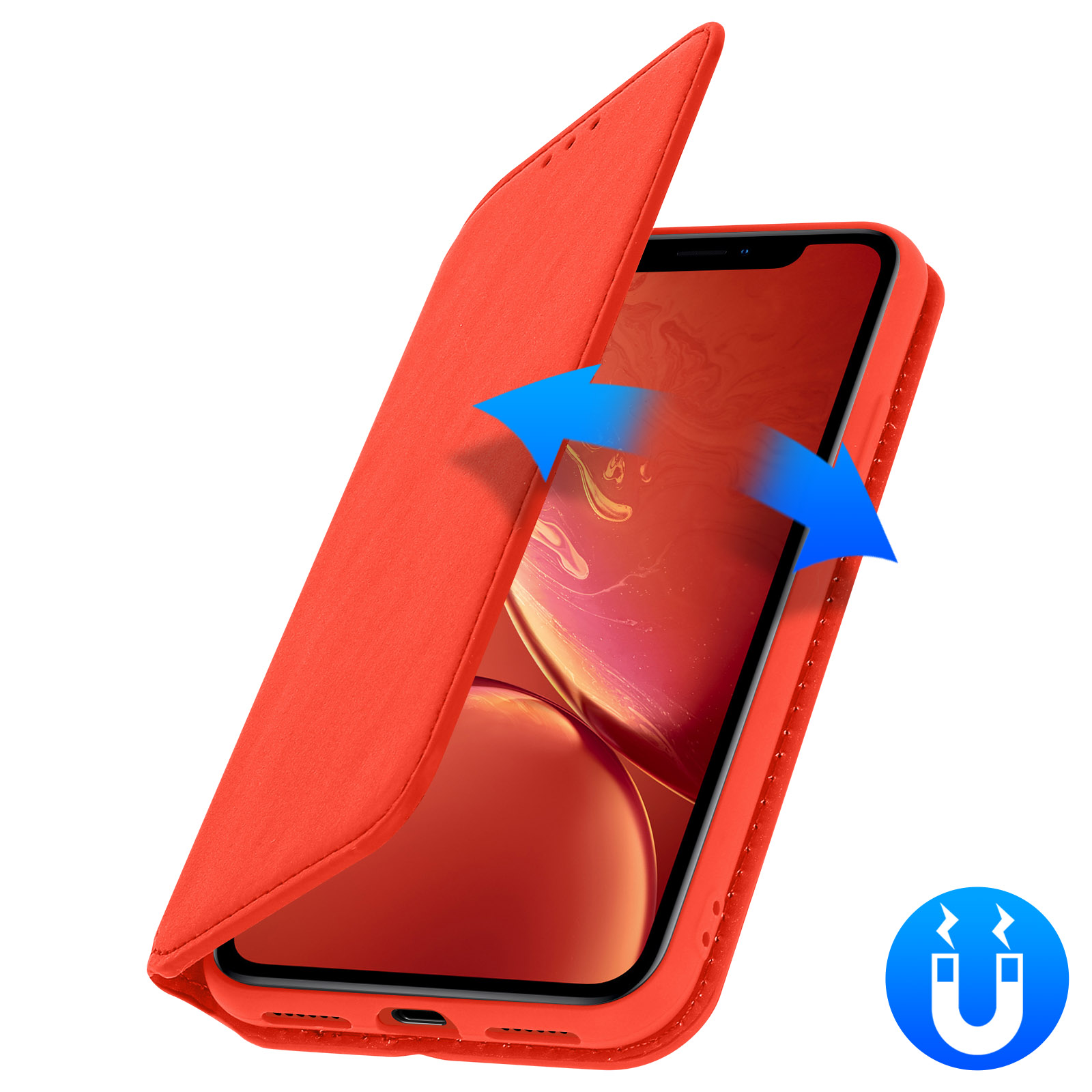 Een oranje telefoonhoes opent, en toont een iPhone. Er zijn blauwe pijlen en een magneetsymbool.