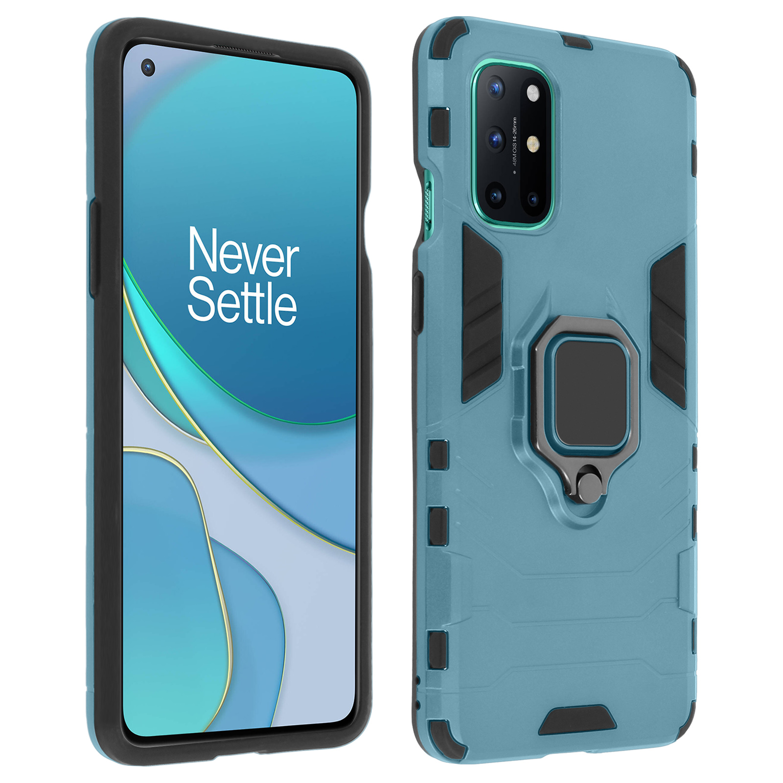Custodia blu e nera. Il telefono ha Never Settle sullo schermo. Un supporto ad anello è sul retro.