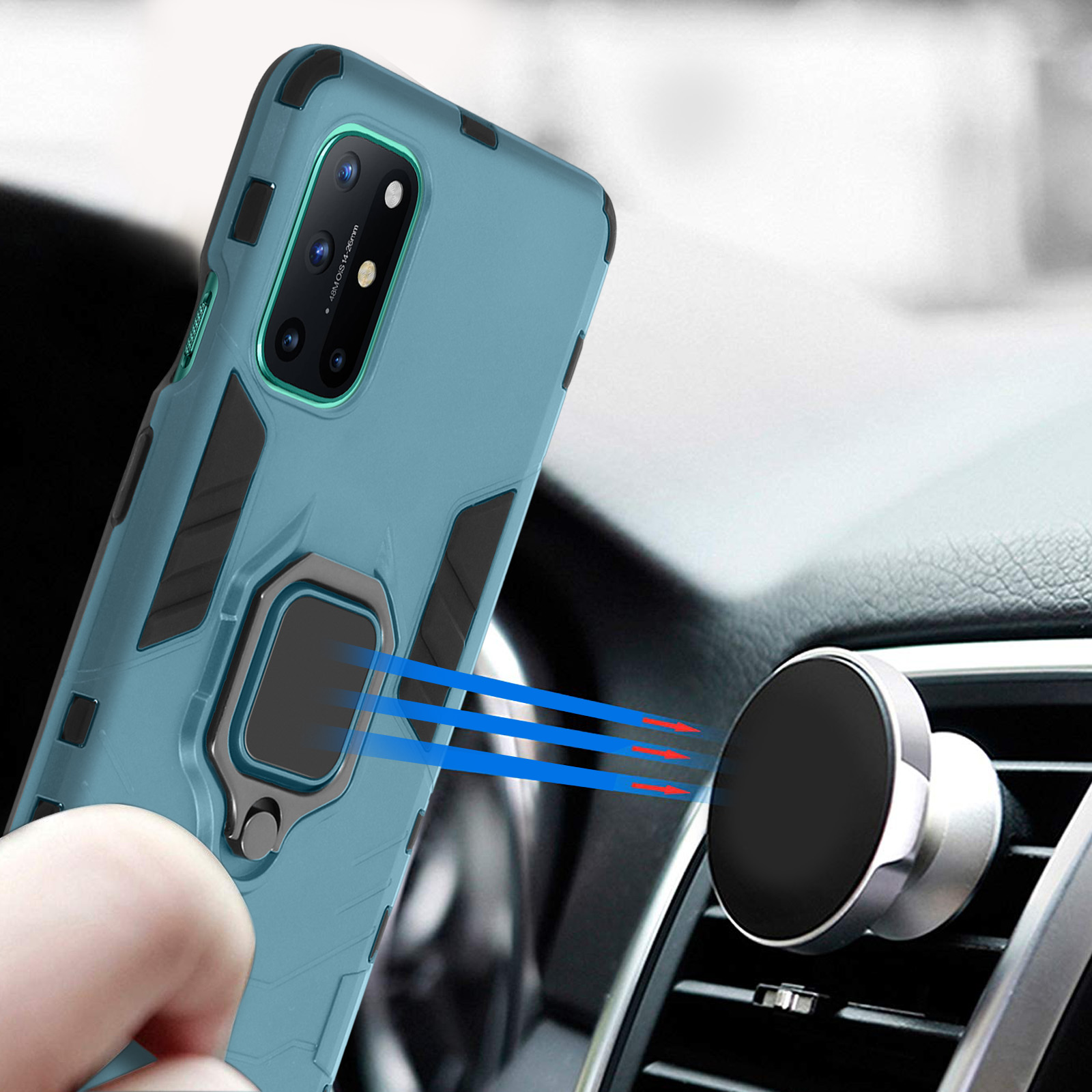 Una custodia per telefono con supporto ad anello è attaccata a un supporto magnetico per telefono.
