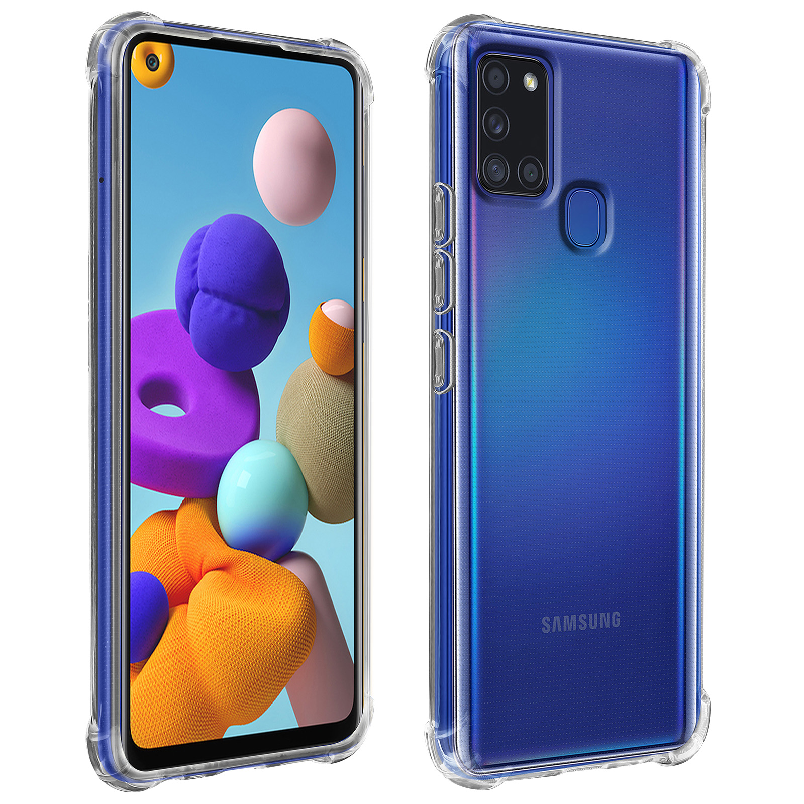 Telefono blu in una custodia trasparente. Lo schermo mostra una grafica colorata.