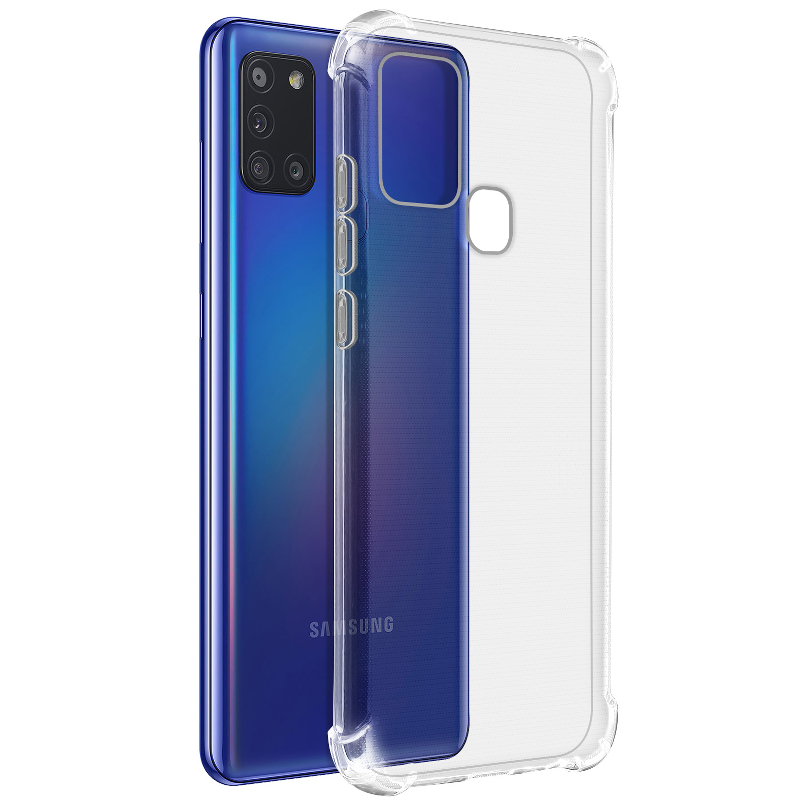 Telefono blu e custodia trasparente. Il telefono è a sinistra, la custodia a destra.