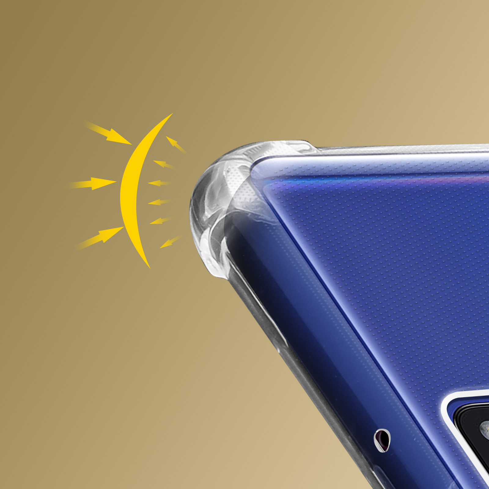 Angolo di custodia trasparente per telefono. Un simbolo solare giallo. Sfondo marrone chiaro.