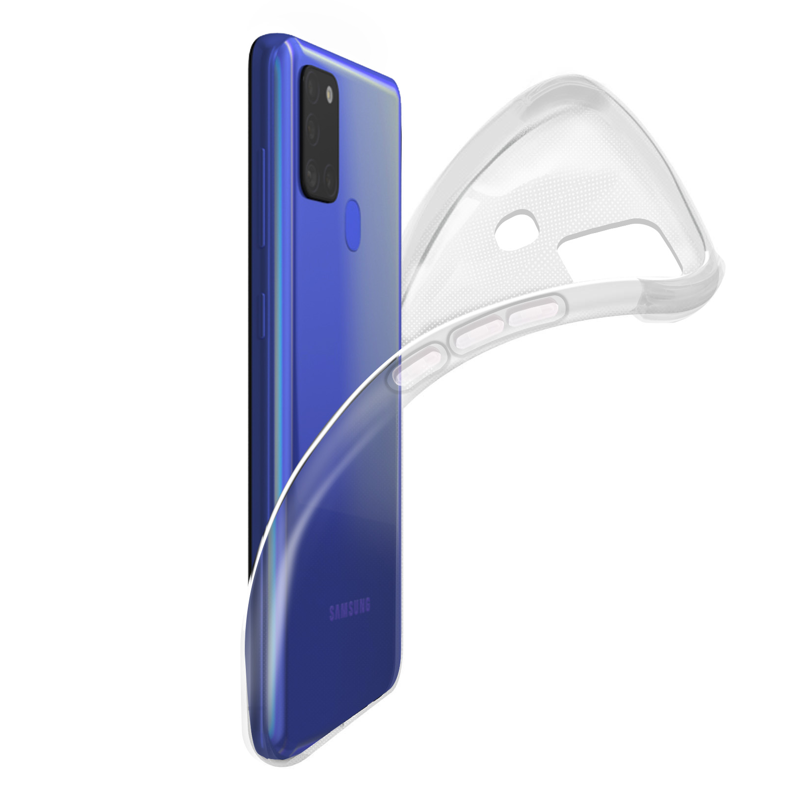 Telefono blu con custodia trasparente tenuto in alto. La custodia è parzialmente rimossa, mostrando la parte posteriore del telefono.