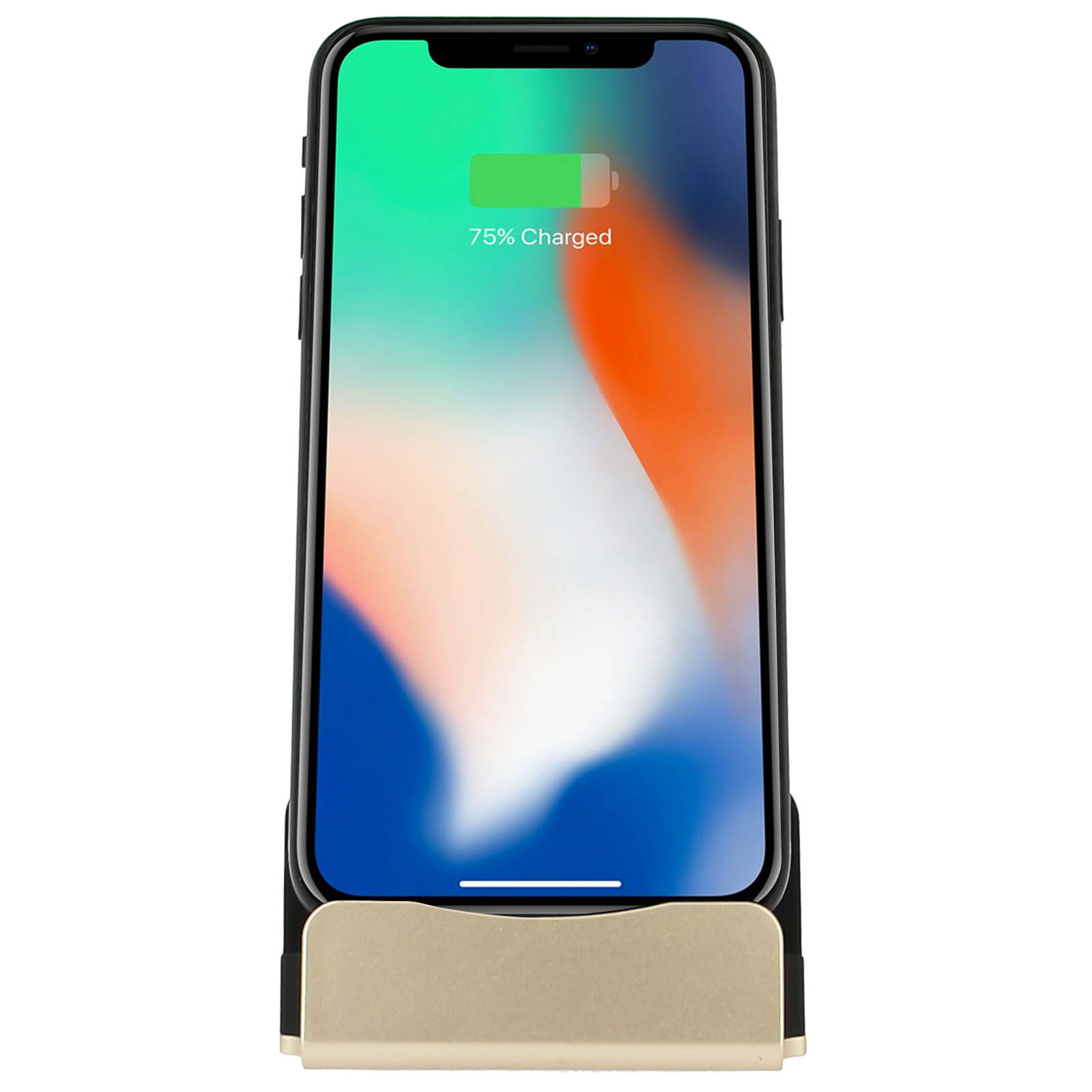 Un telefono su un supporto di ricarica. Lo schermo mostra lo stato di carica.