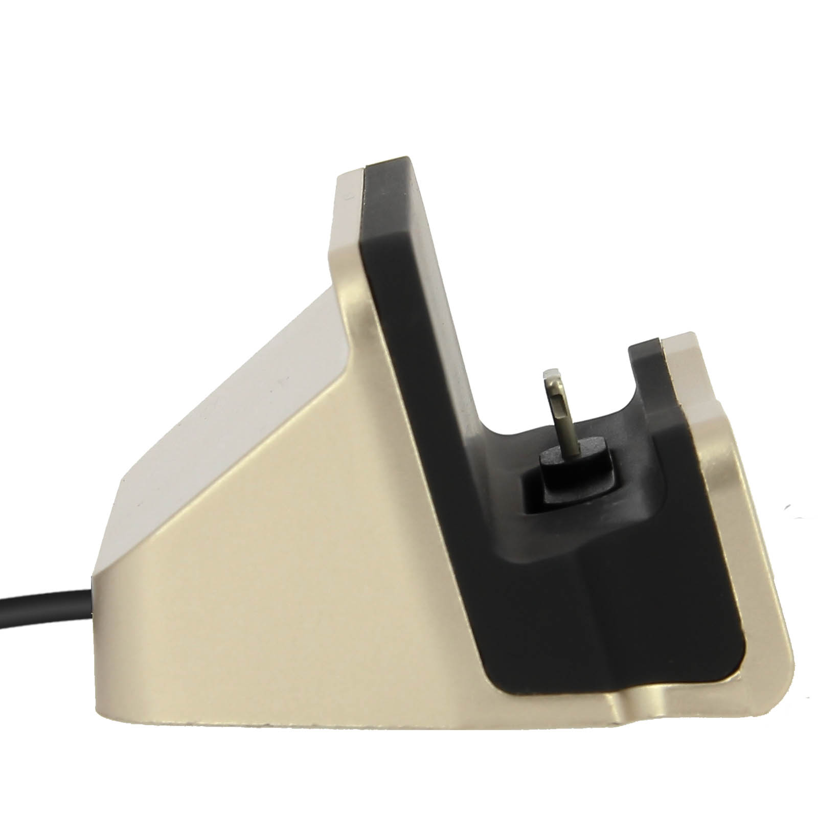 Base di ricarica dorata per telefono. Inclinata, con elemento di supporto nero.