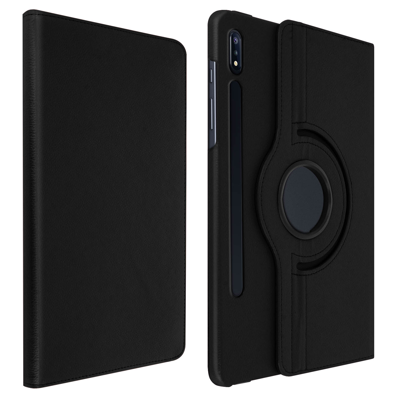 Custodia nera per tablet, aperta. Tablet all'interno. Supporto circolare sul retro.