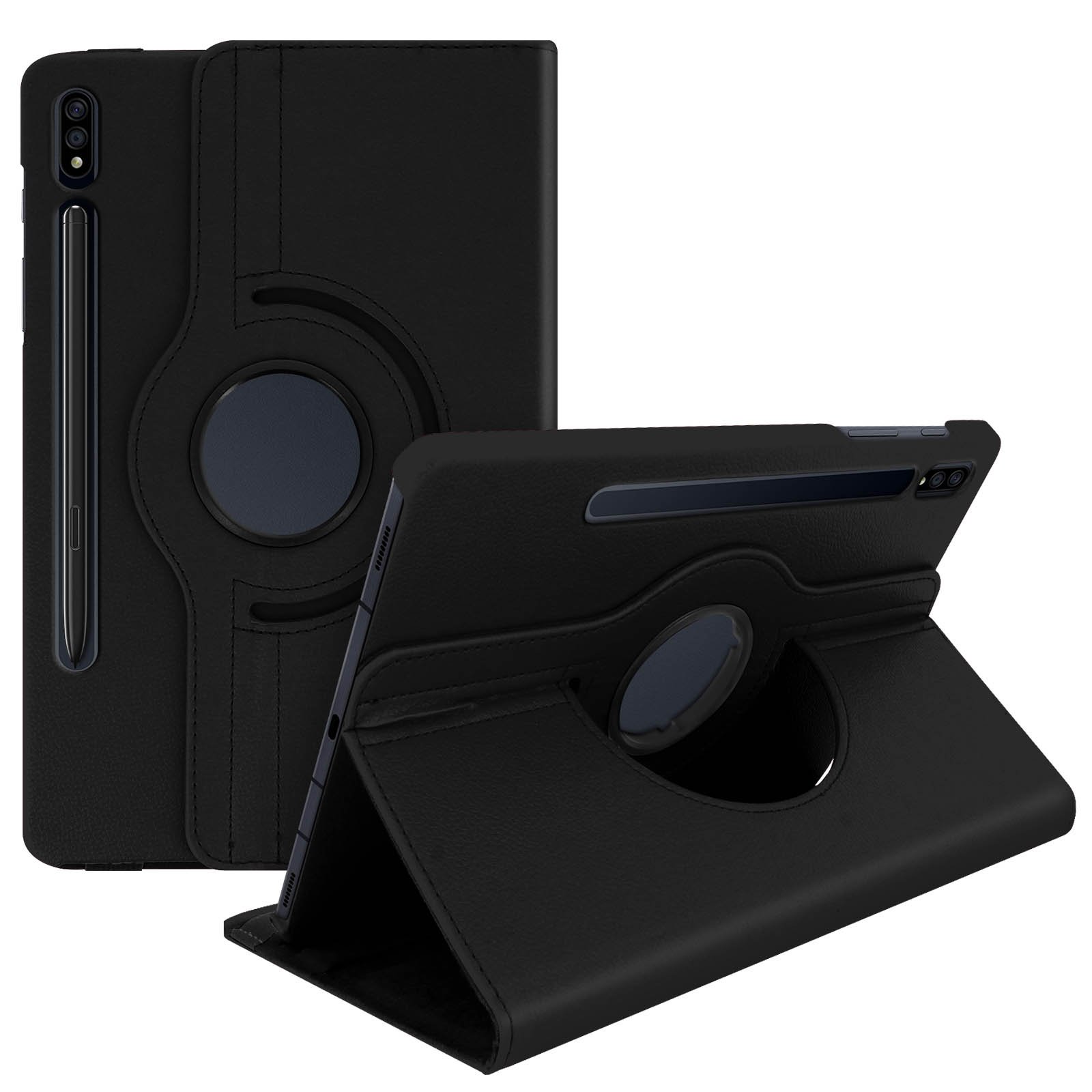 Custodia per tablet nera, due viste. Una aperta, con tablet e stilo. L'altra, chiusa con dettaglio circolare.