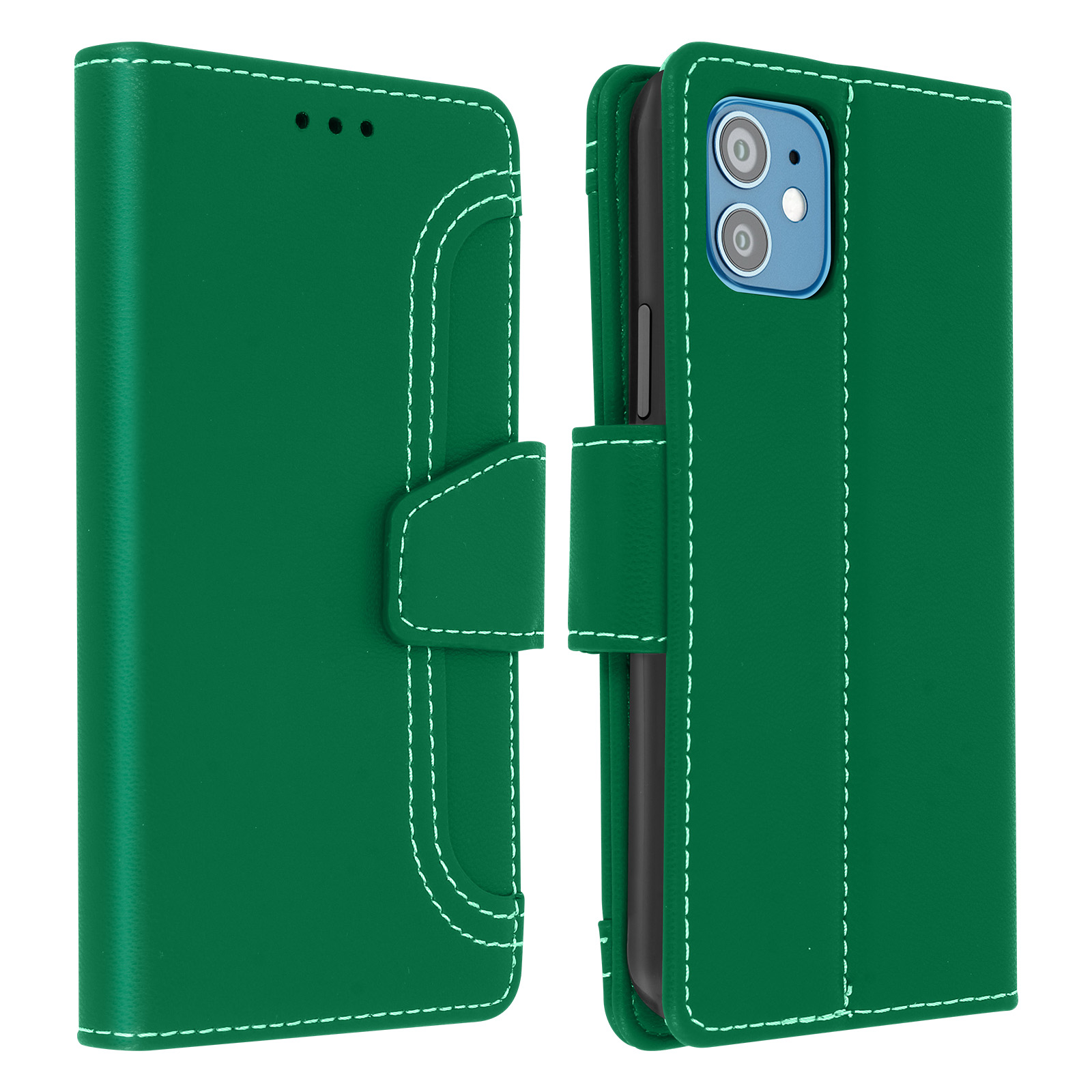 Groene leren telefoonhoes met witte stiksels. Open hoes onthult een zwarte telefoon.