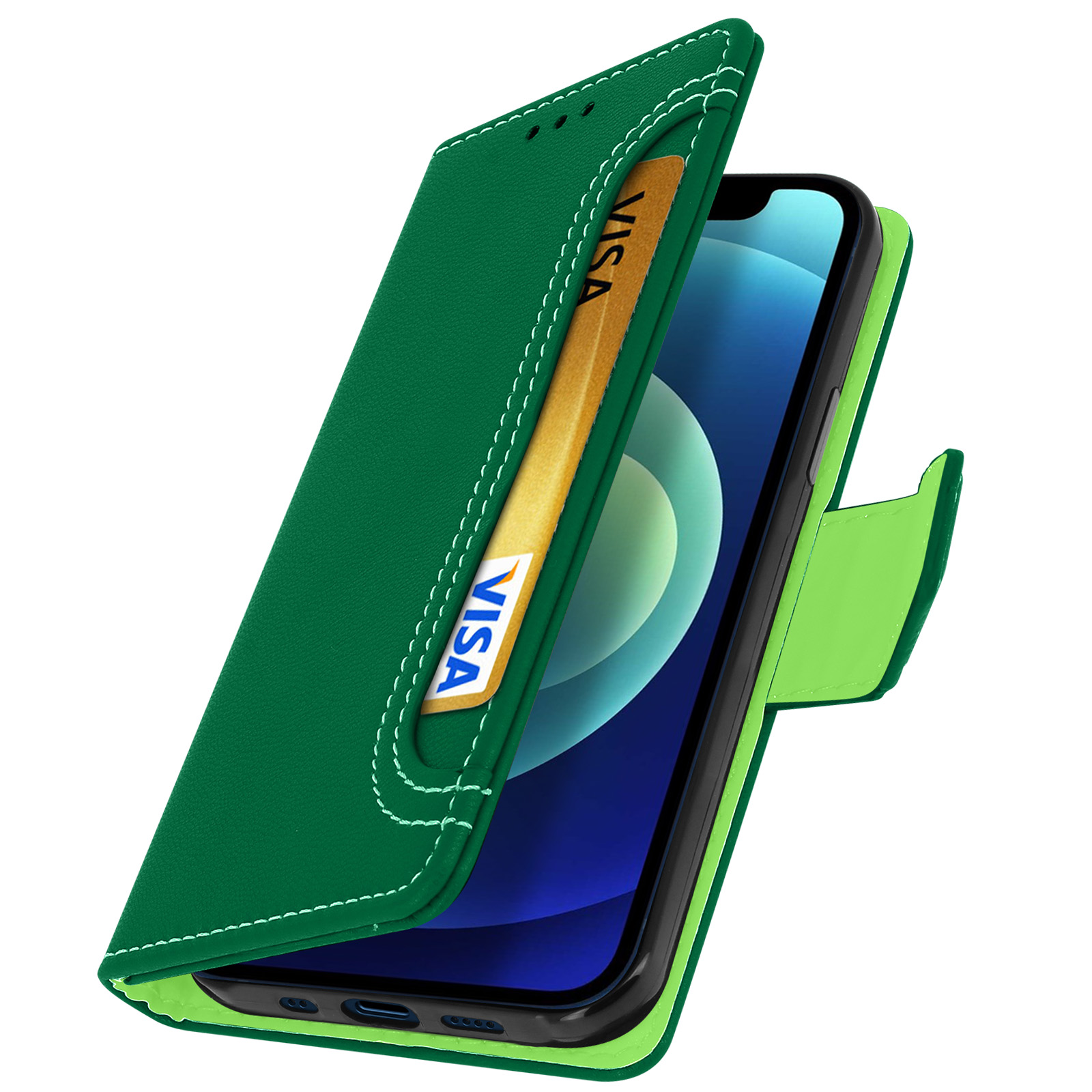 Groene leren telefoonhoes met een Visa-kaart erin, geopend om de telefoon te tonen.