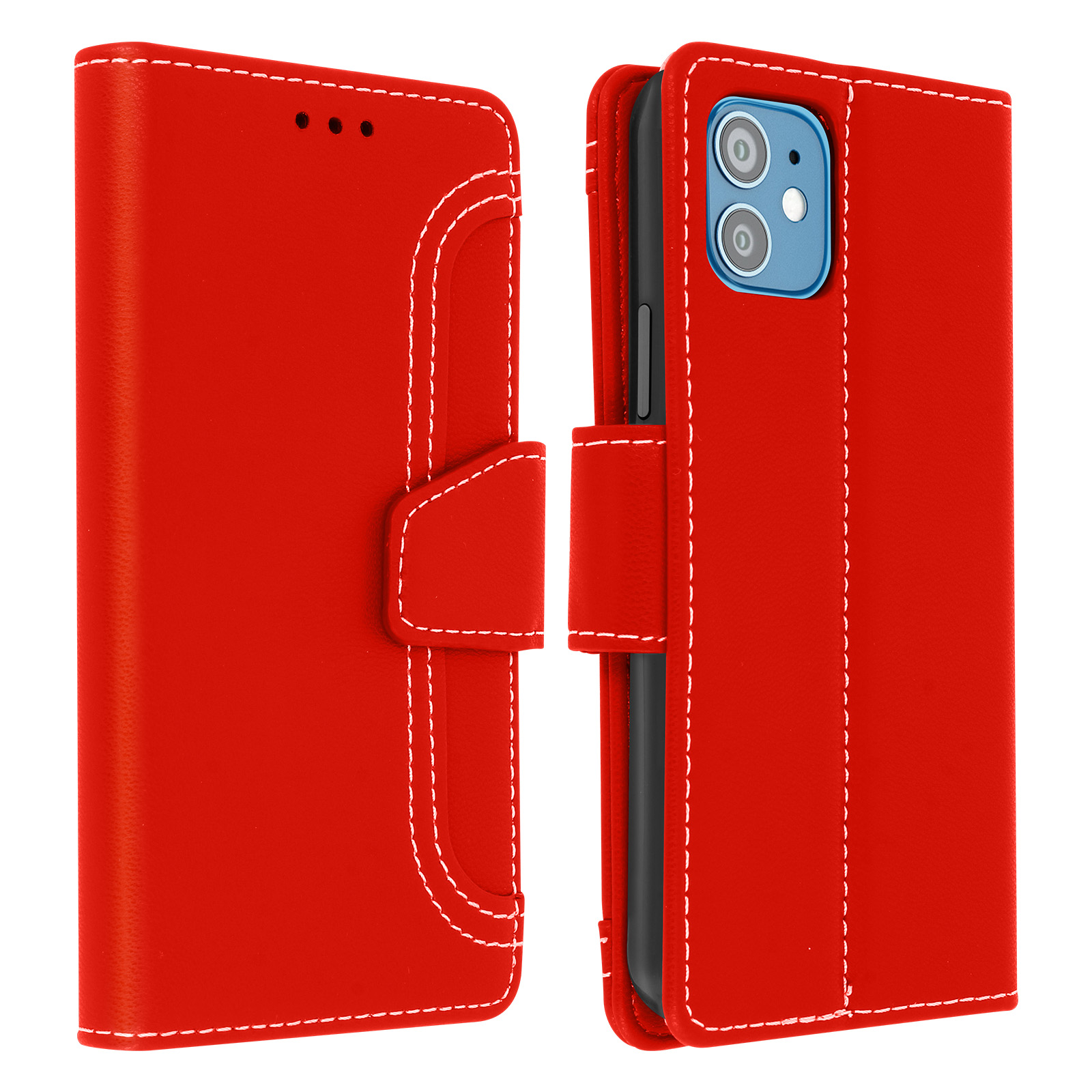 Coque de téléphone rouge. Le téléphone est à l'intérieur et la coque est rouge. La coque a une fermeture à pression.