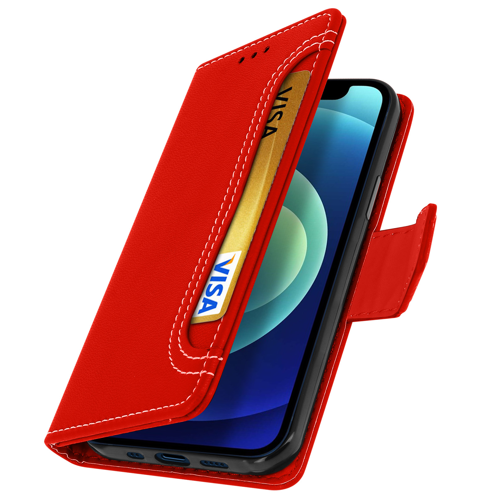 Étui de téléphone rouge avec fente pour carte, tenant un téléphone avec une carte Visa dorée. Coutures blanches visibles.