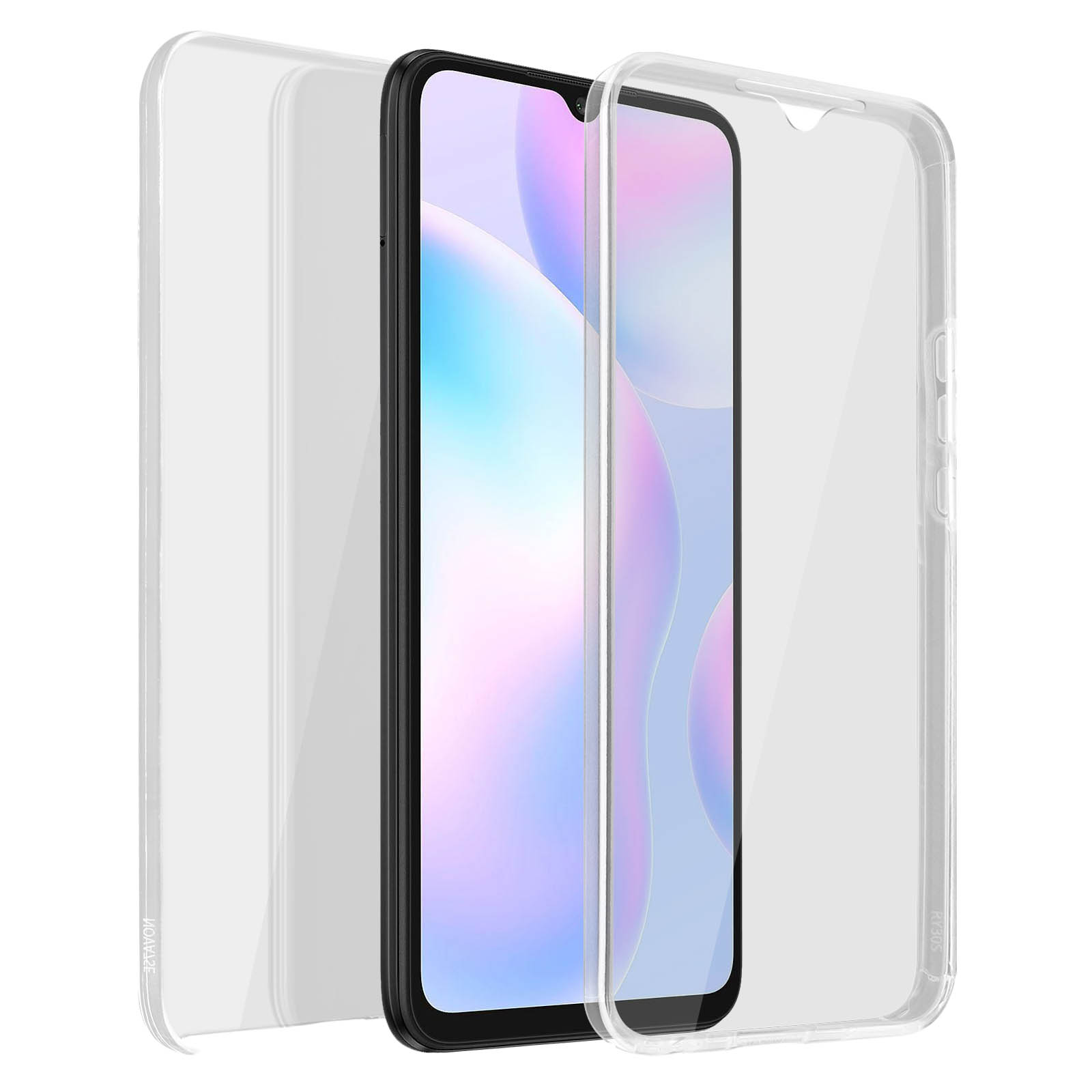 Coque de téléphone transparente sur un téléphone avec fond coloré. Le téléphone est noir et a un écran.