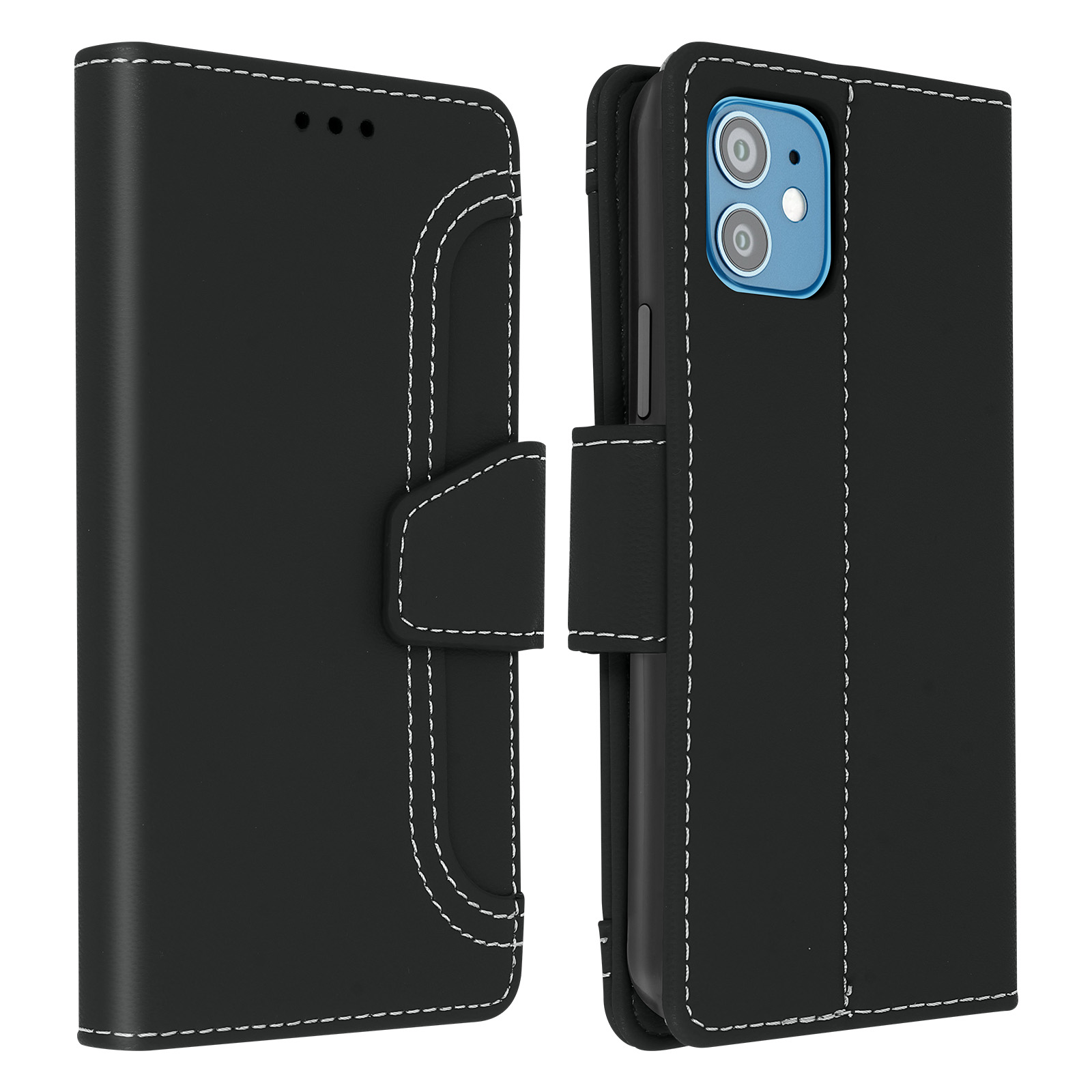 Étui de téléphone noir, fermé et ouvert. Coutures blanches visibles. Téléphone avec caméras à l'intérieur.