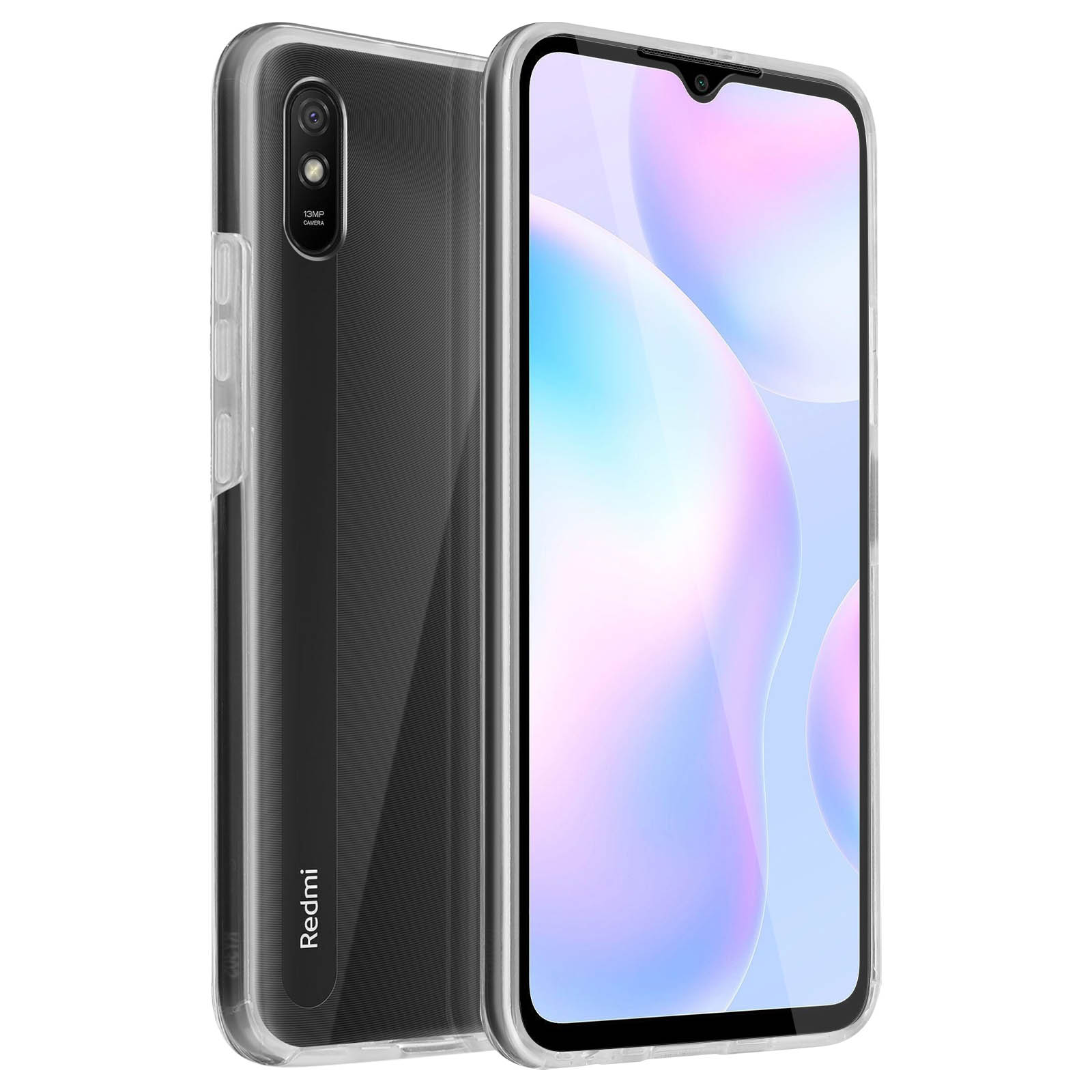Coque de téléphone noire avec des côtés transparents. Le téléphone à l'intérieur est noir, avec le mot 'Redmi'.