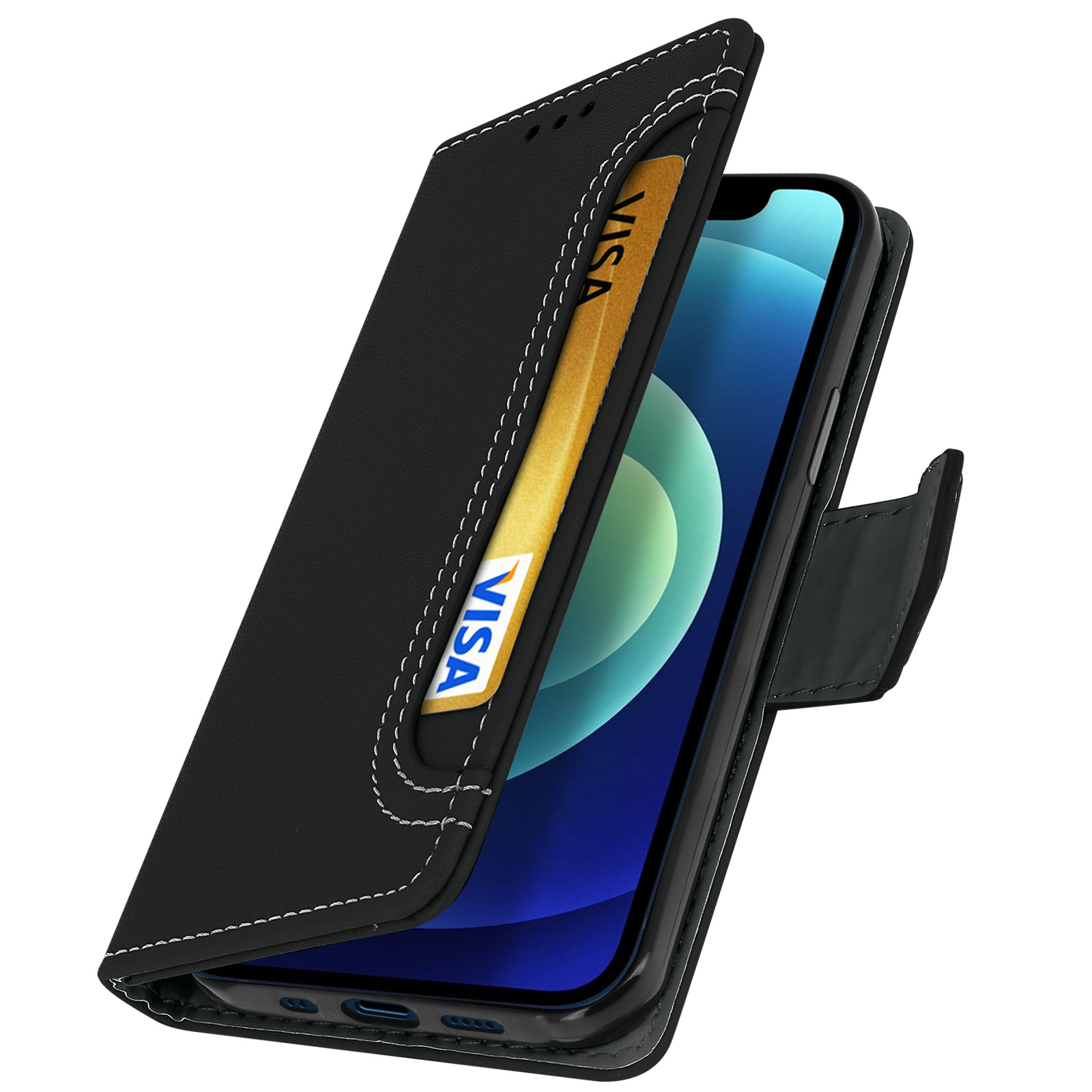 Étui de téléphone noir ouvert, montrant un téléphone et une carte VISA. Coutures blanches visibles.