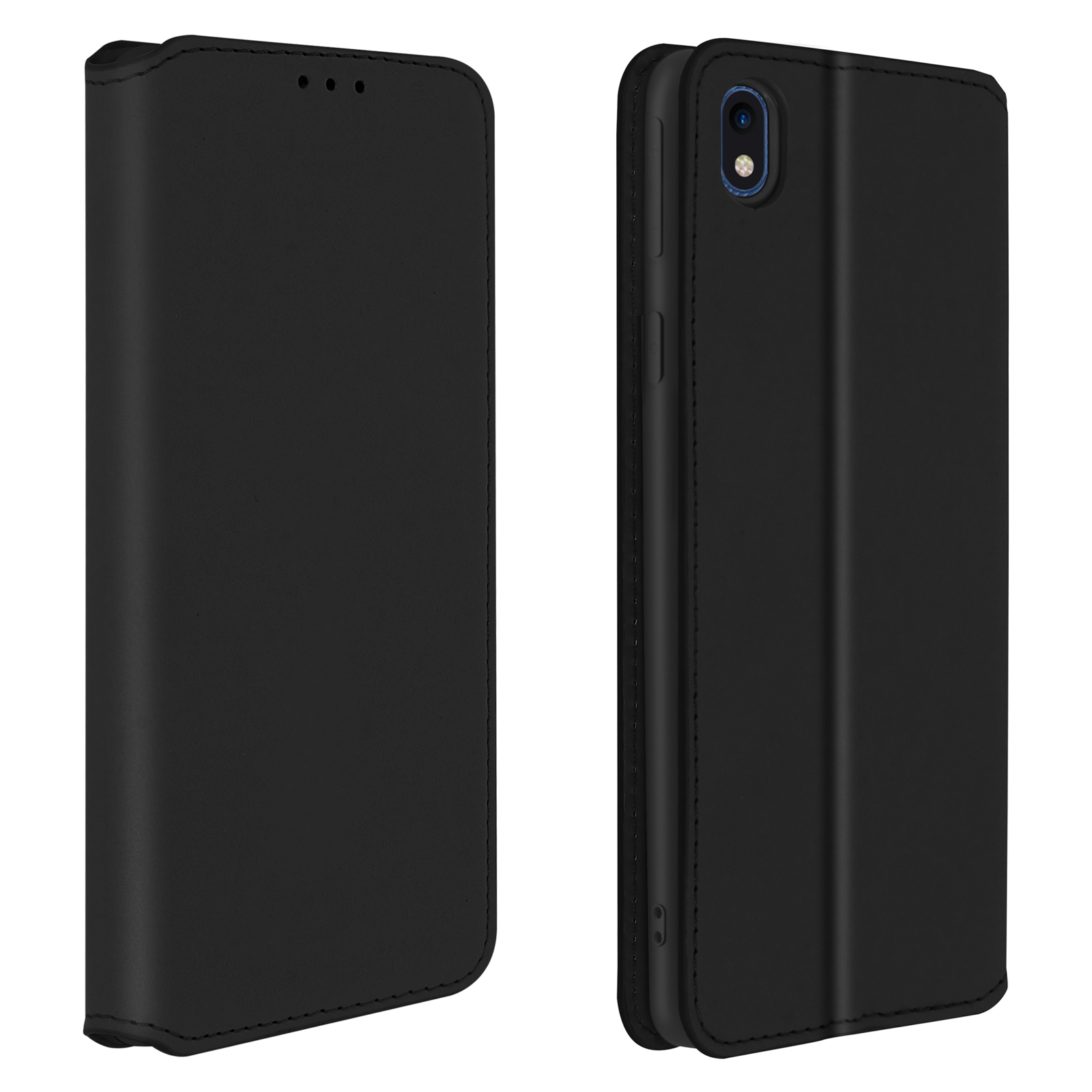 Coque de téléphone noire, fermée. Le téléphone est dans la coque, montrant la caméra et les boutons.