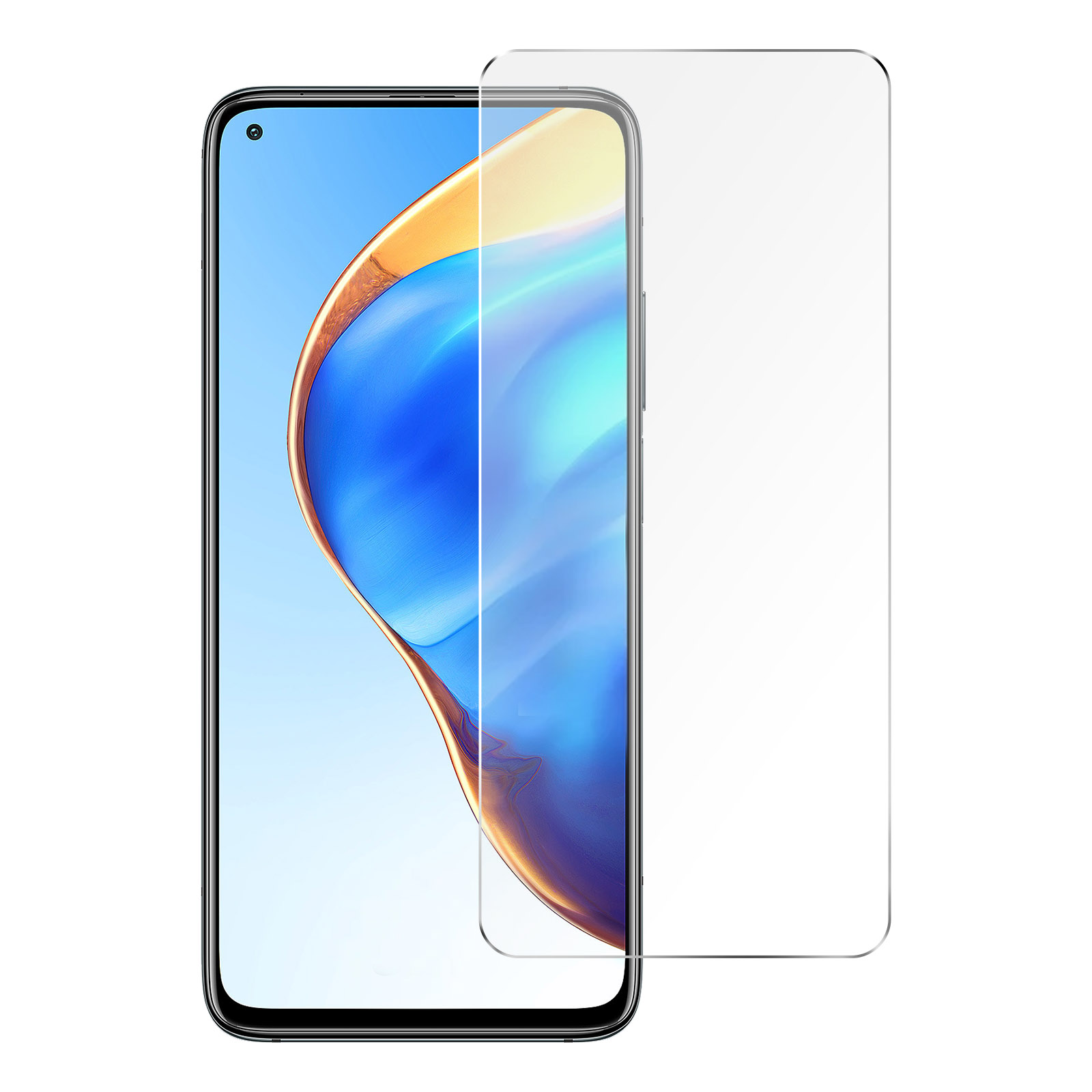 Una protezione schermo trasparente su un telefono, con uno sfondo bianco e un telefono.