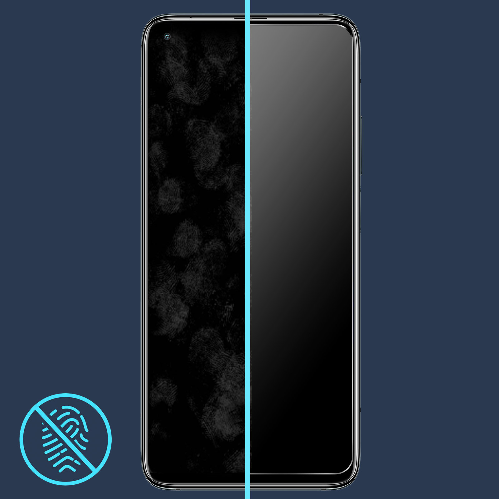 Uno schermo del telefono con un prima e un dopo di una protezione per lo schermo. Sfondo blu.