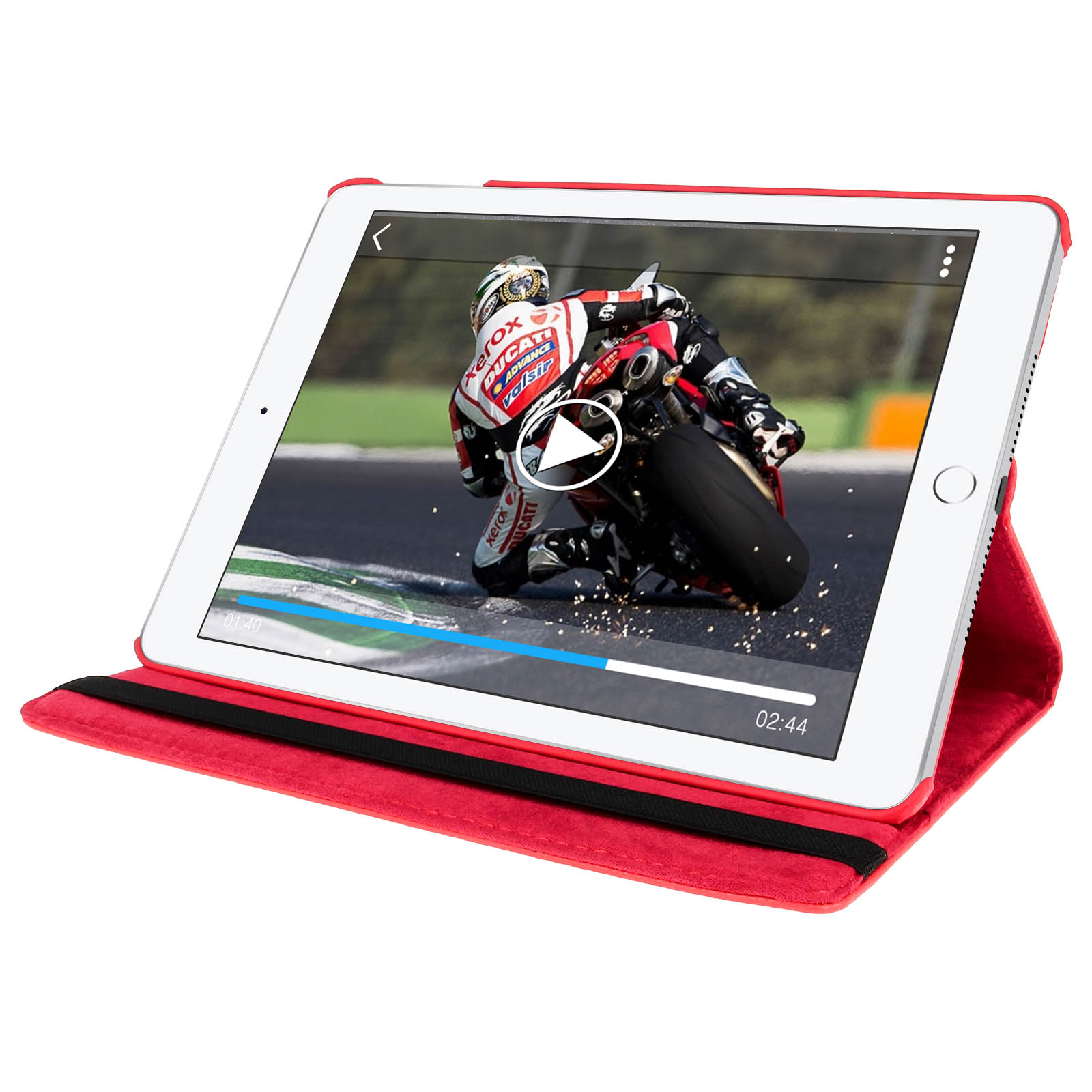 Tablet in custodia rossa che mostra una gara motociclistica. Pulsante play visibile.