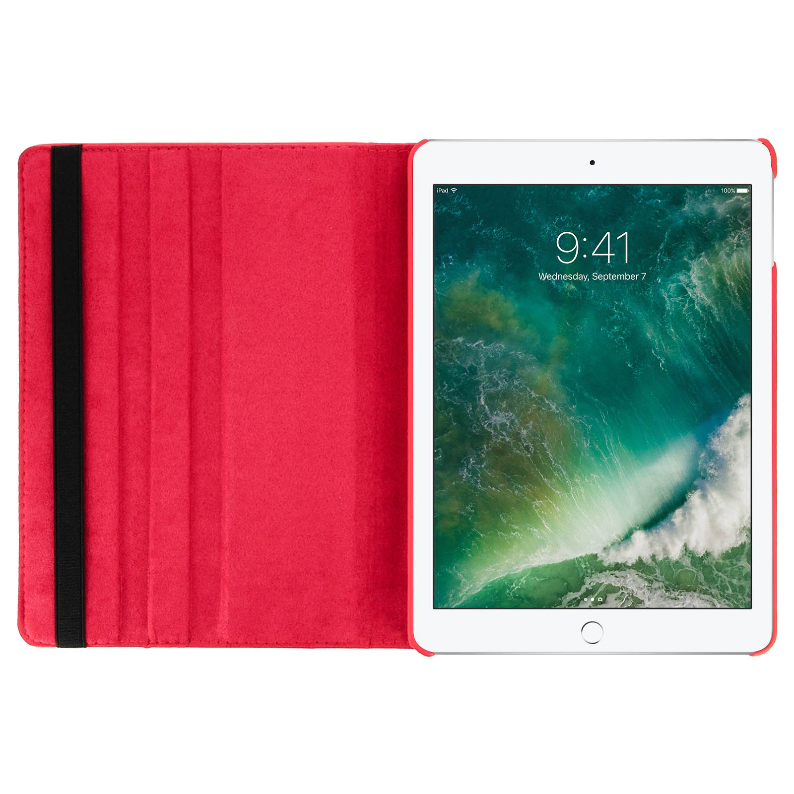 iPad in custodia rossa, mostra mercoledì 7 settembre. La custodia è aperta, rivelando lo schermo del tablet.