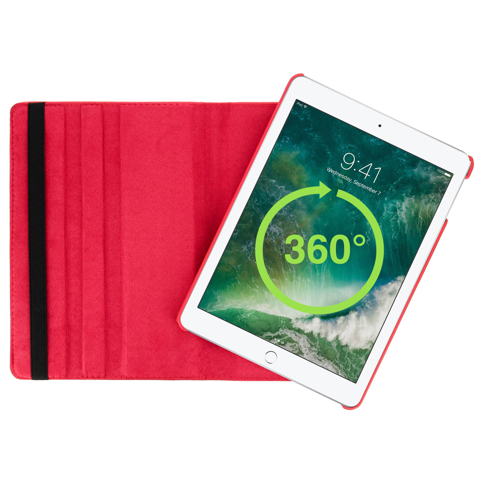 iPad in una custodia rossa, che mostra una visualizzazione a 360 gradi. La custodia è aperta.