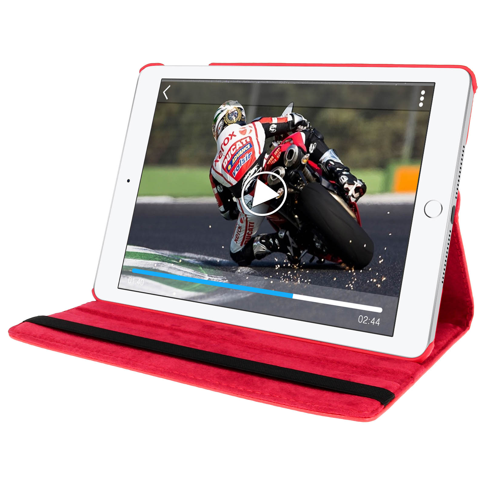 Tablet che riproduce video. Il tablet è in una custodia rossa e un motociclista è sullo schermo.