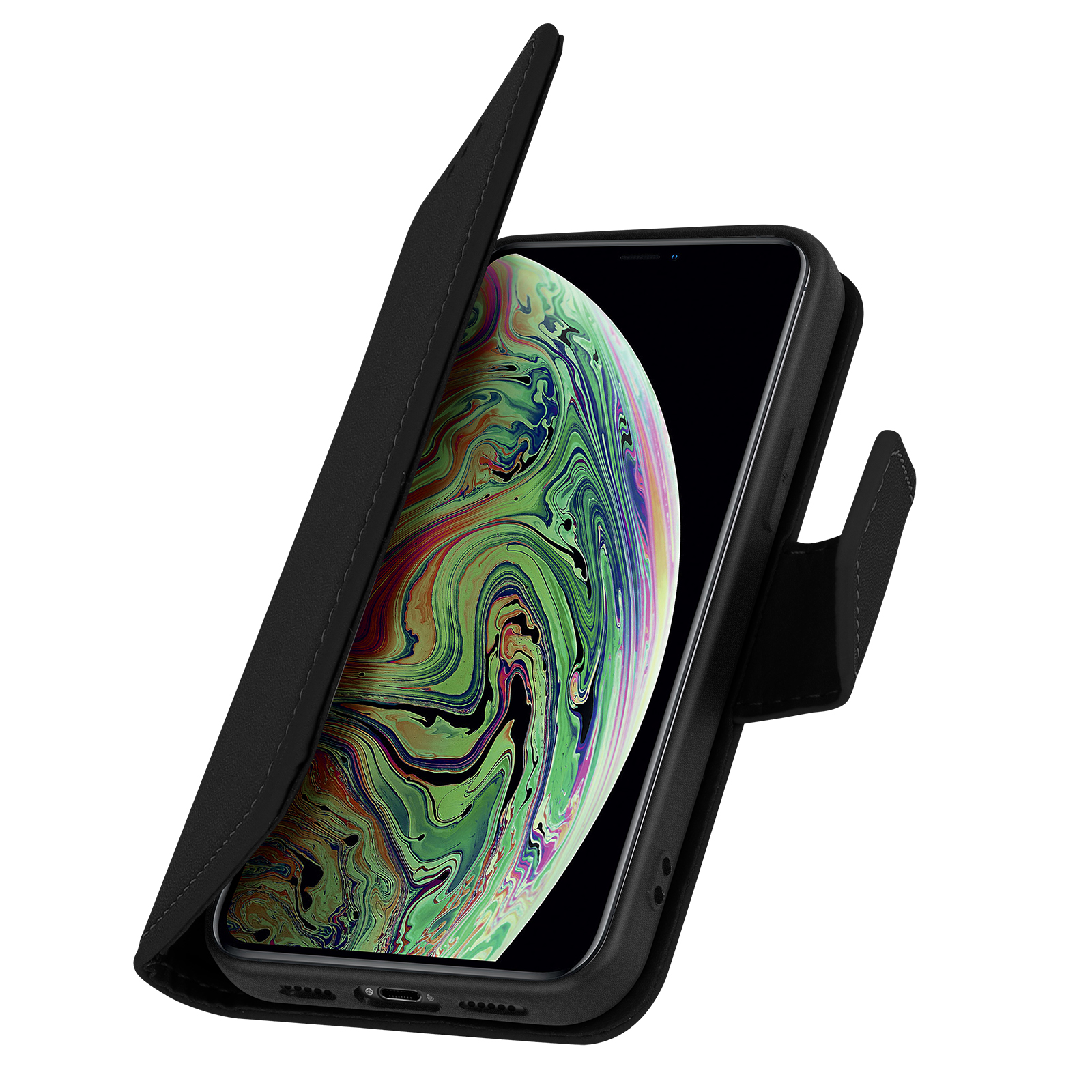 Een zwarte telefoon in een zwarte portemonnee. Het telefoonscherm toont een kleurrijk beeld.