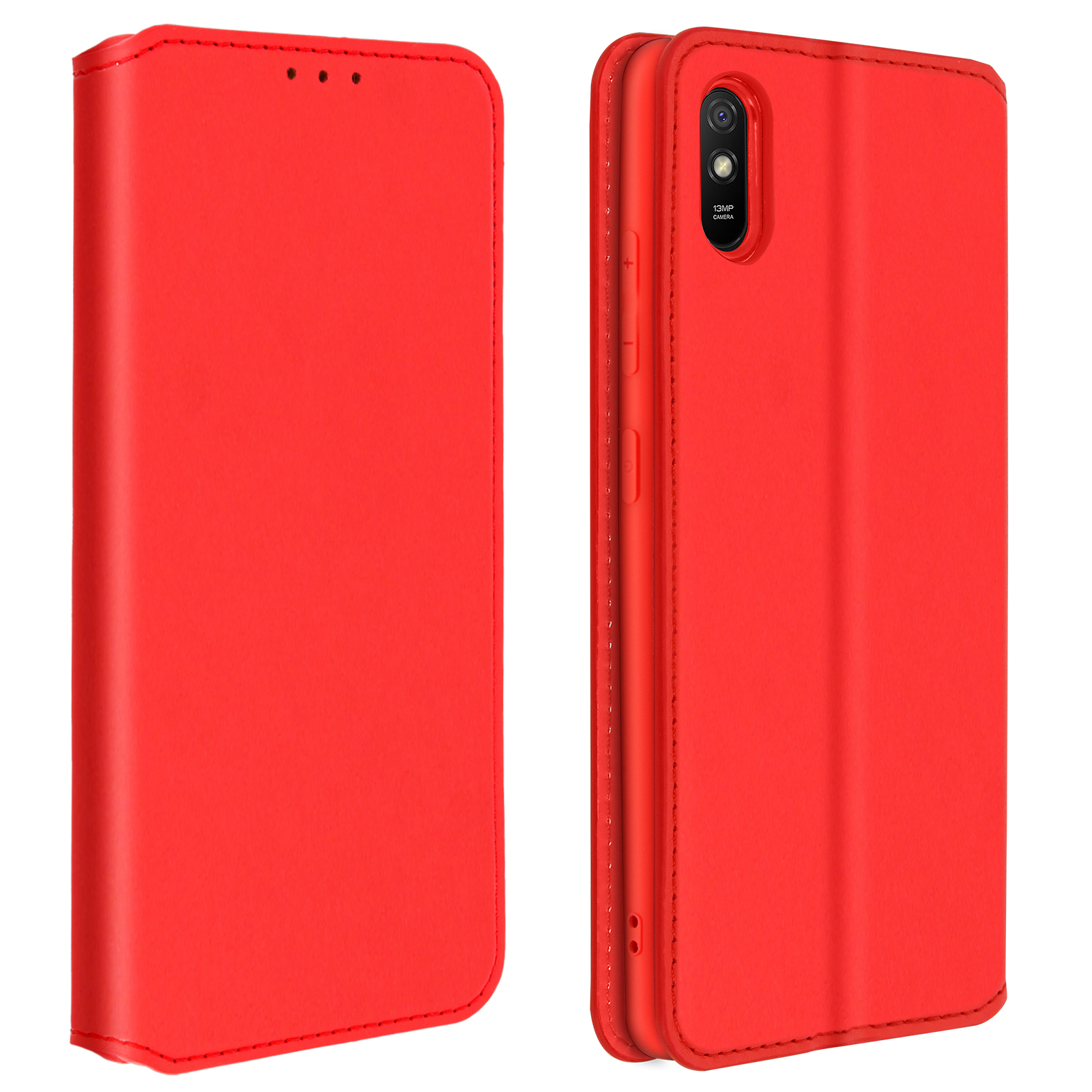 Custodia per telefono rossa, vista chiusa e aperta. La custodia ha fori per la fotocamera.
