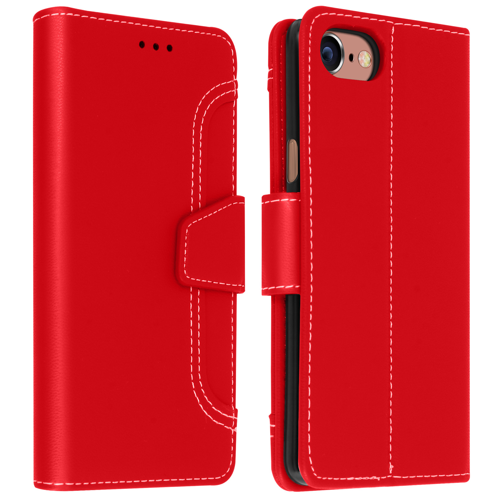 Custodia a portafoglio rossa. Con chiusura magnetica. Il telefono ha una fotocamera.